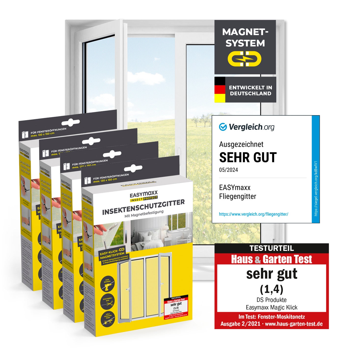Insektenschutzgitter mit Magnetbefestigung - 4er-Set, weiß, mit starkem Magnet-System, einfach montierbar, für Fenster bis 130 x 150 cm.