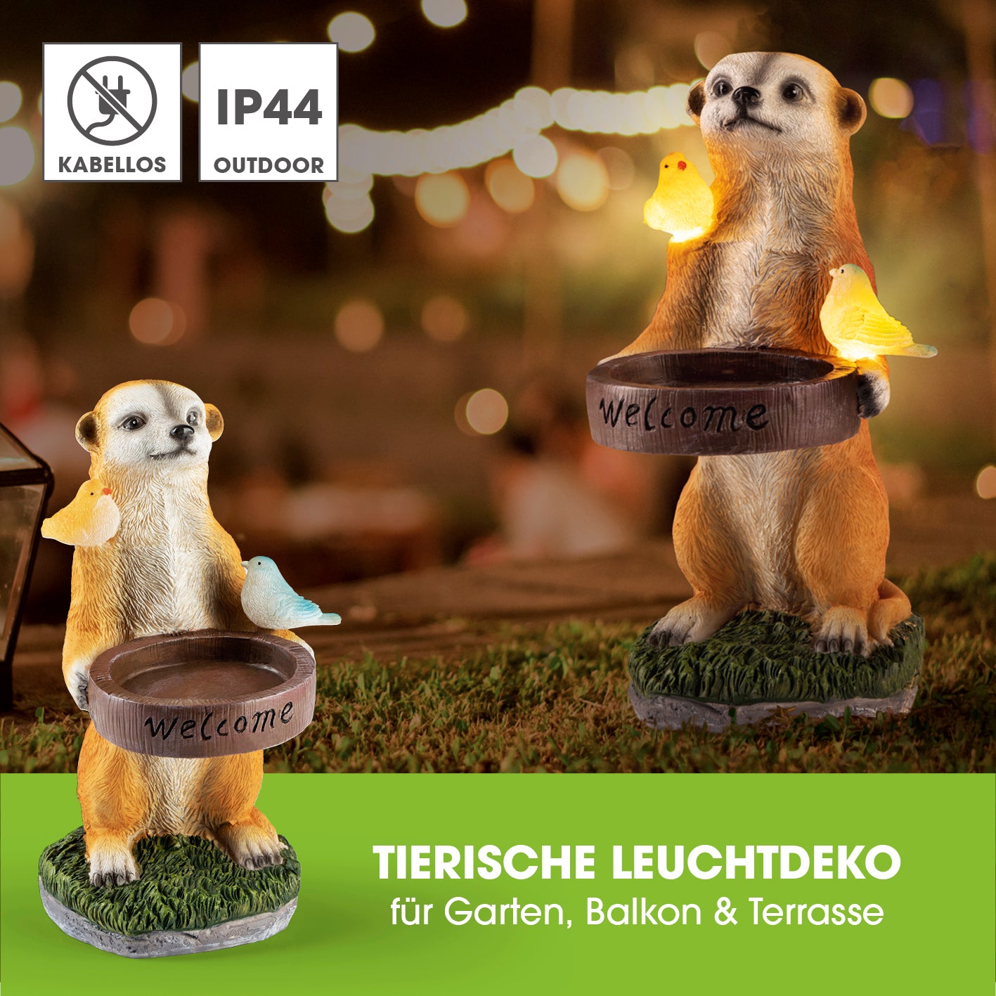 Solarleuchte Erdmännchen als Vogeltränke mit zwei LEDs, Solarlampe, Gartendeko und Vogeltränke inkl. Willkommensgruß "welcome