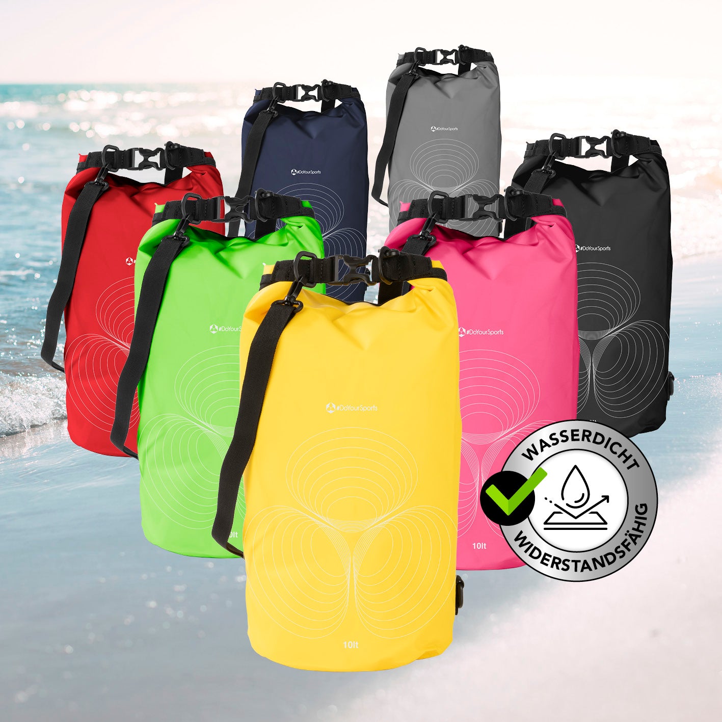 Dry Bag 10L - Gelb, wasserdichter, robuster Outdoor-Rucksack mit verstellbarem Schultergurt und Rolltop-Verschluss für deine Wertsachen.