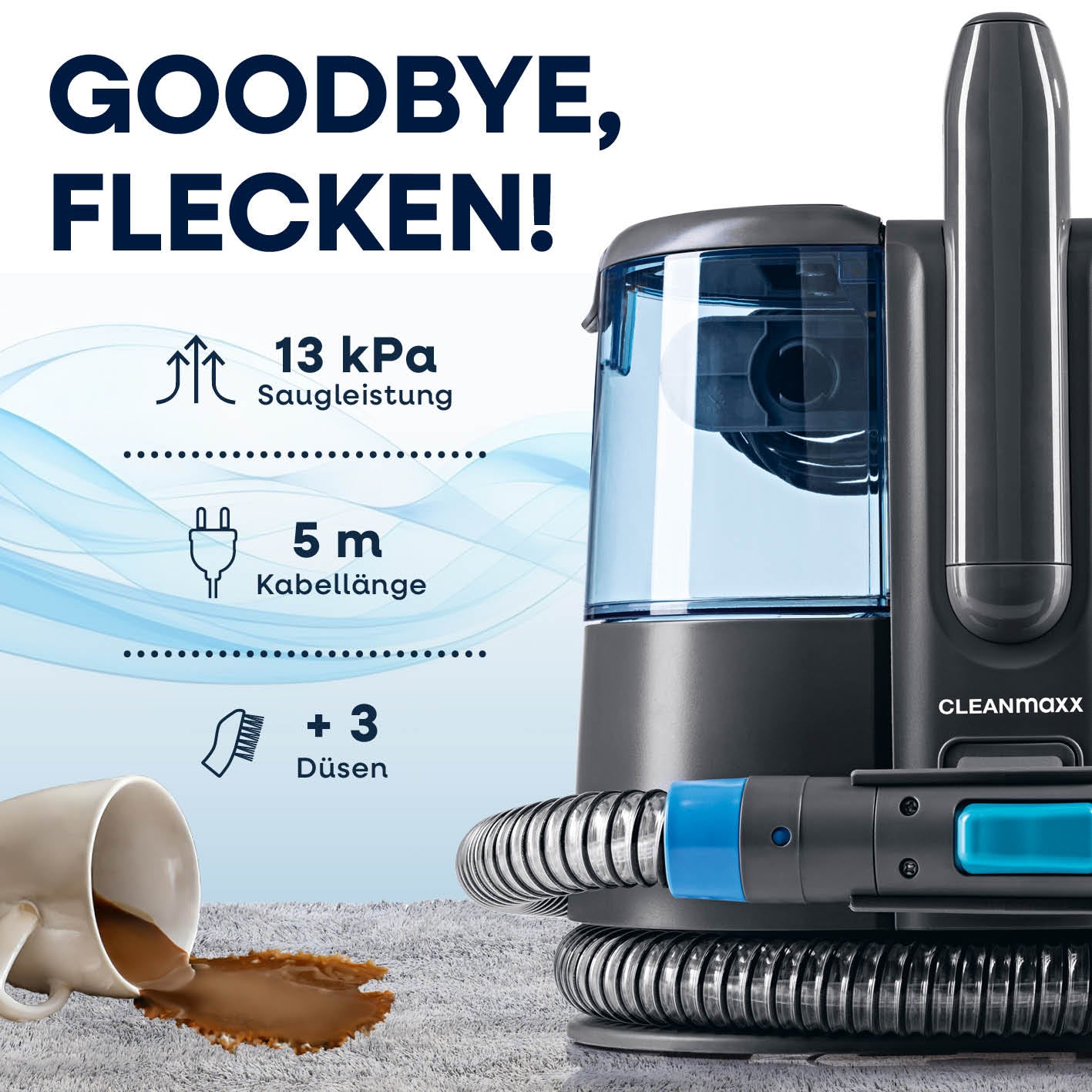 Polster- & Teppichreiniger Pro Power - Grau/Blau entfernt Flecken kraftvoll mit 13 kPa Saugleistung, 5 m Kabel und 3 Düsen.