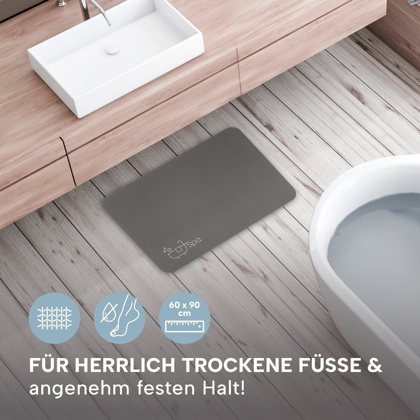 Badematte Spa - 60 x 90 cm - Dunkelgrau, extra saugfähig, schnelltrocknend, rutschfeste Unterseite, weiches Material für Badezimmer und mehr.