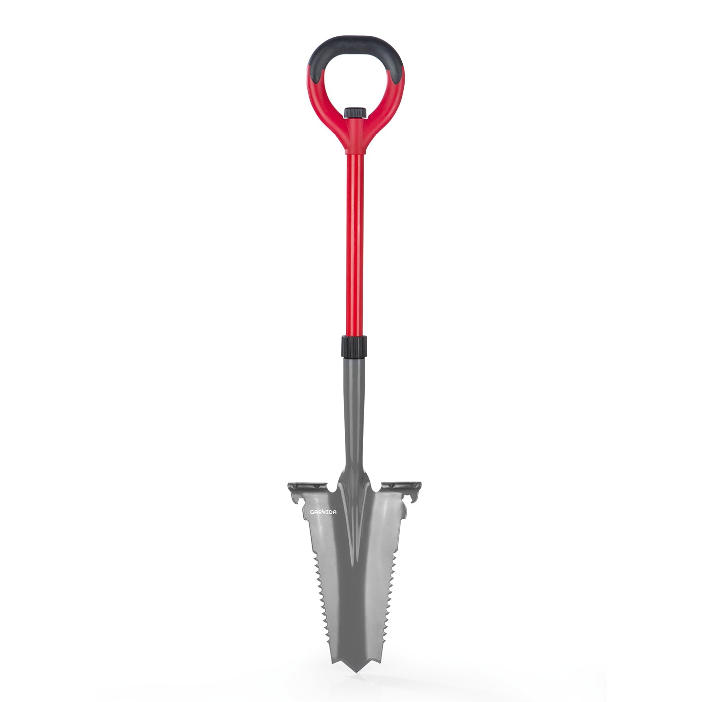 Spaten- & Wurzelsäge - 114 cm - grau/rot mit ergonomischem Griff, integrierten Sägezähnen und Trittkante zum einfachen Graben und Schneiden von Wurzeln.