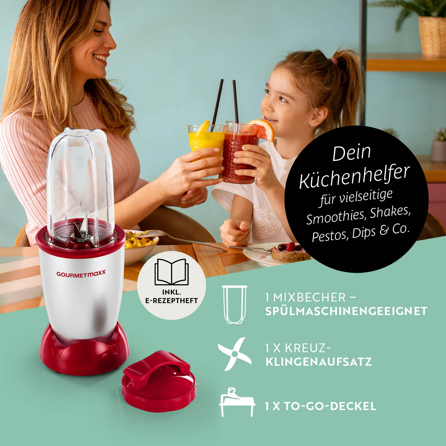 Mr. Magic Power 400 Pro Basis-Set M Silber/Rot mit Edelstahl-Kreuzklingenaufsatz und 500ml Mixbecher für vielseitige Küchenanwendung.