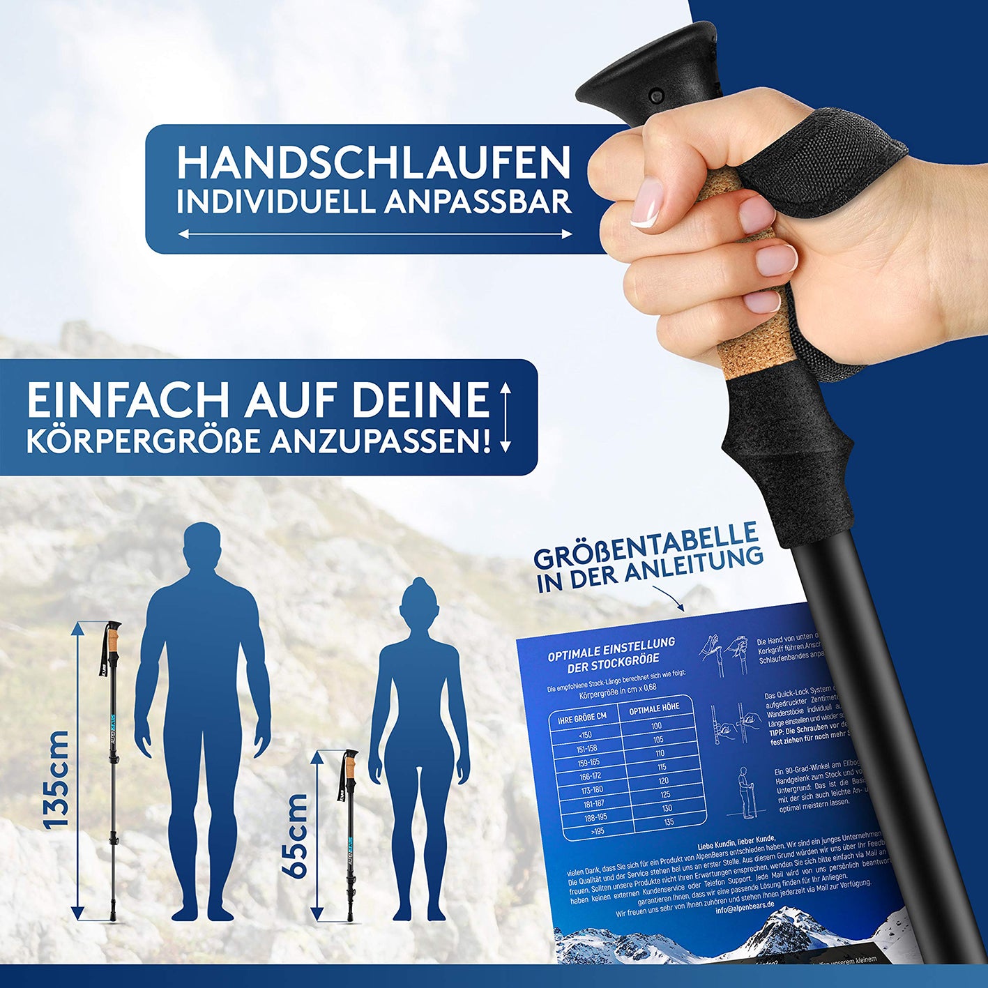 Teleskop Wanderstöcke mit Gummipuffer Set - Aluminium, höhenverstellbar 65-135 cm, individuell anpassbare Handschlaufen, leichte Handhabung