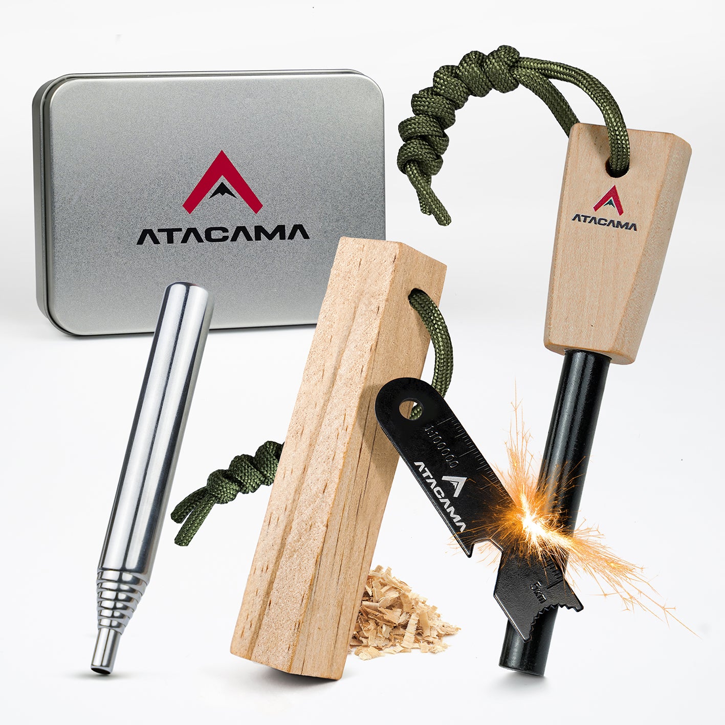 Feuerstahl Set - 7 tlg. - Wasserfest mit Multitool, Kienspan, Blasrohr, Paracord, Aluminium Dose und Samttasche für Outdoor und Survival.