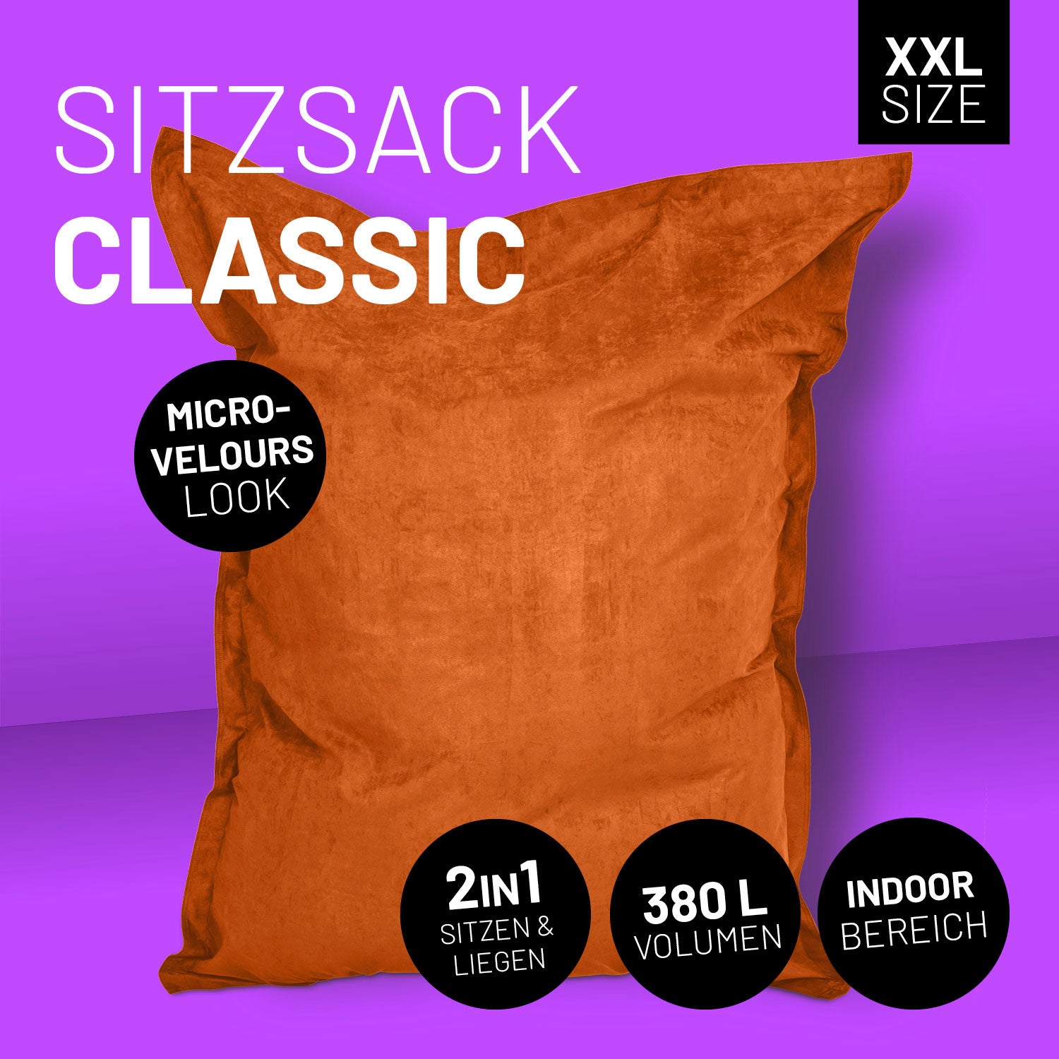 XXL Microvelours Sitzsack (380 L) in Orange, wasserfest, abziehbarer Bezug, bequem für Wohnzimmer und Kinderzimmer, Indoor Nutzung.