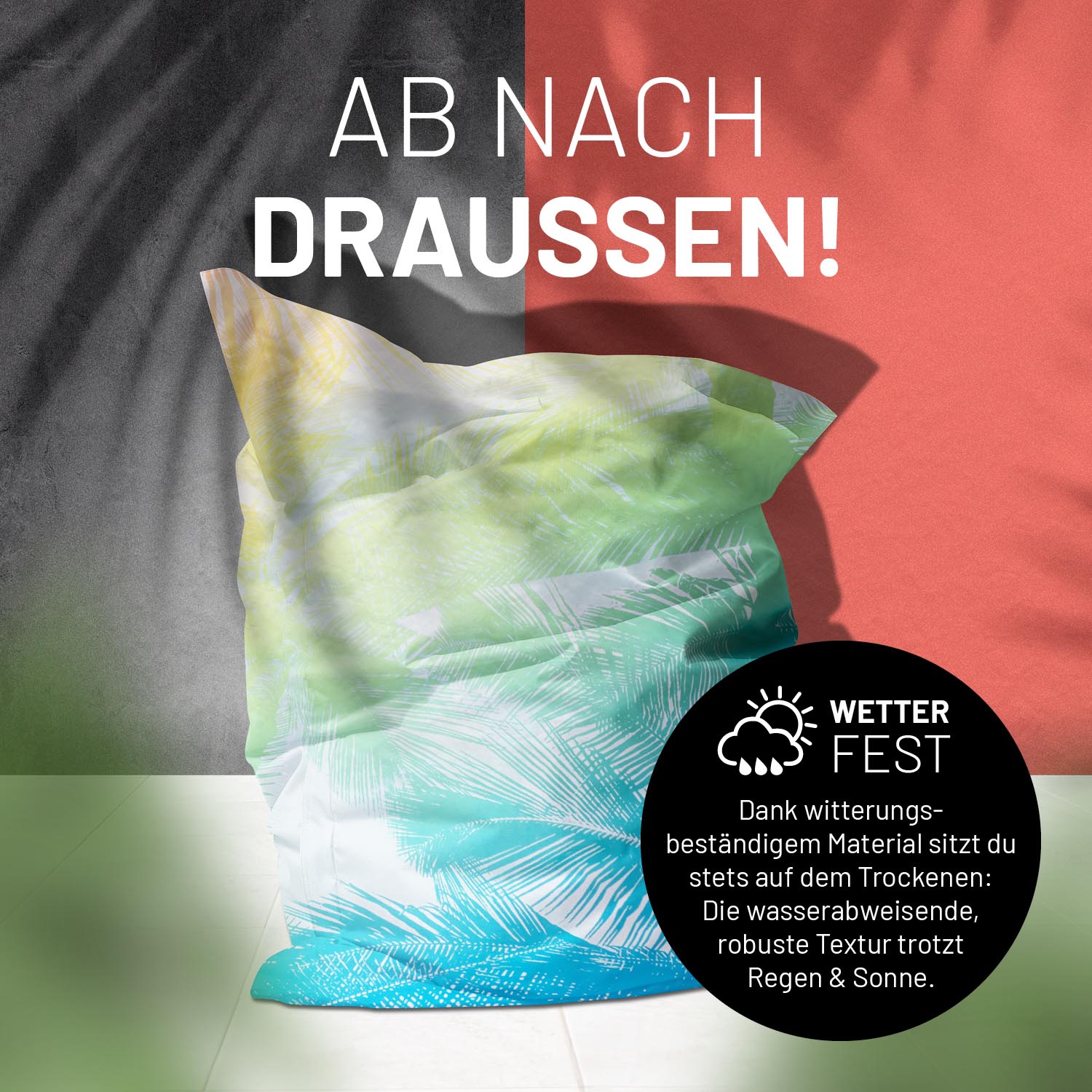 Sitzsack Classic XXL (380 L) - wetterfest, robust, tropisches Regenbogen-Design, für drinnen & draußen, pflegeleicht und langlebig.