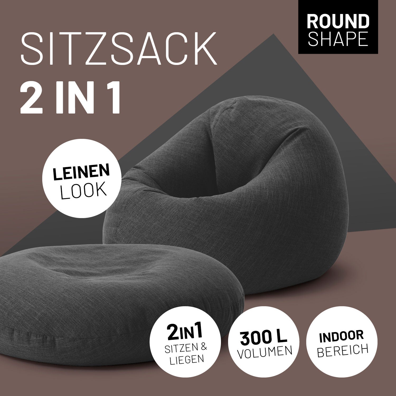 Sitzsack Interior Line (300 L) - indoor - Dunkelgrau, 2-in-1 Sitz- und Liegesack mit Leinenlook und rundem Design, weich und bequem.