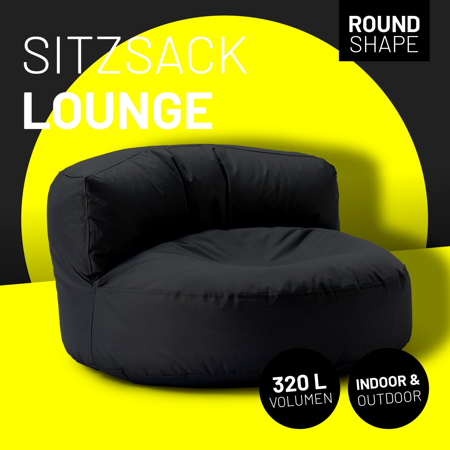 Sitzsack Lounge (320 L) Schwarz, modern und gemütlich, geeignet für drinnen und draußen, leicht, langlebig und pflegeleicht.