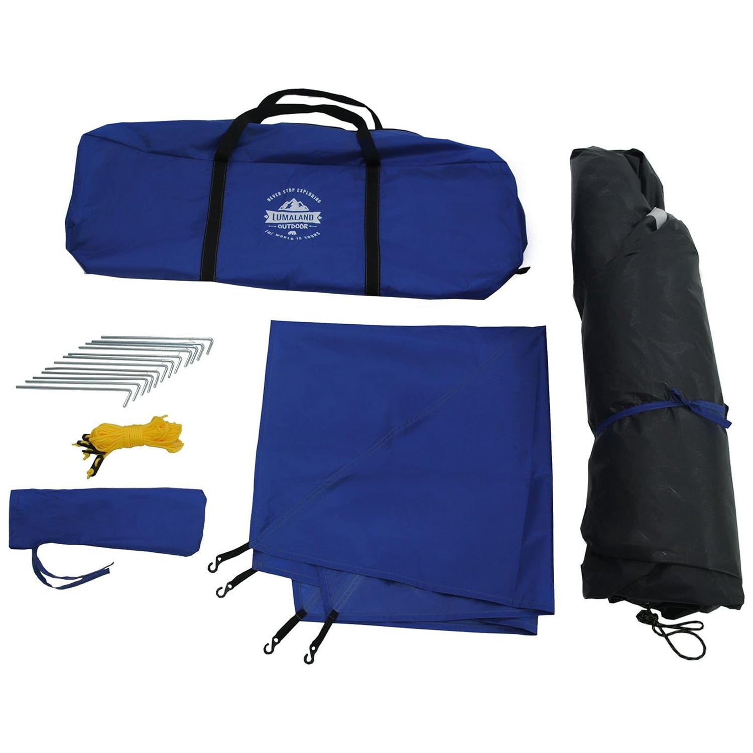Pop Up Familienzelt Wurfzelt 3 Personen Zelt blau inklusive Tragetasche, Heringe, Abspannleine und Zeltplane für schnellen Campingaufbau.