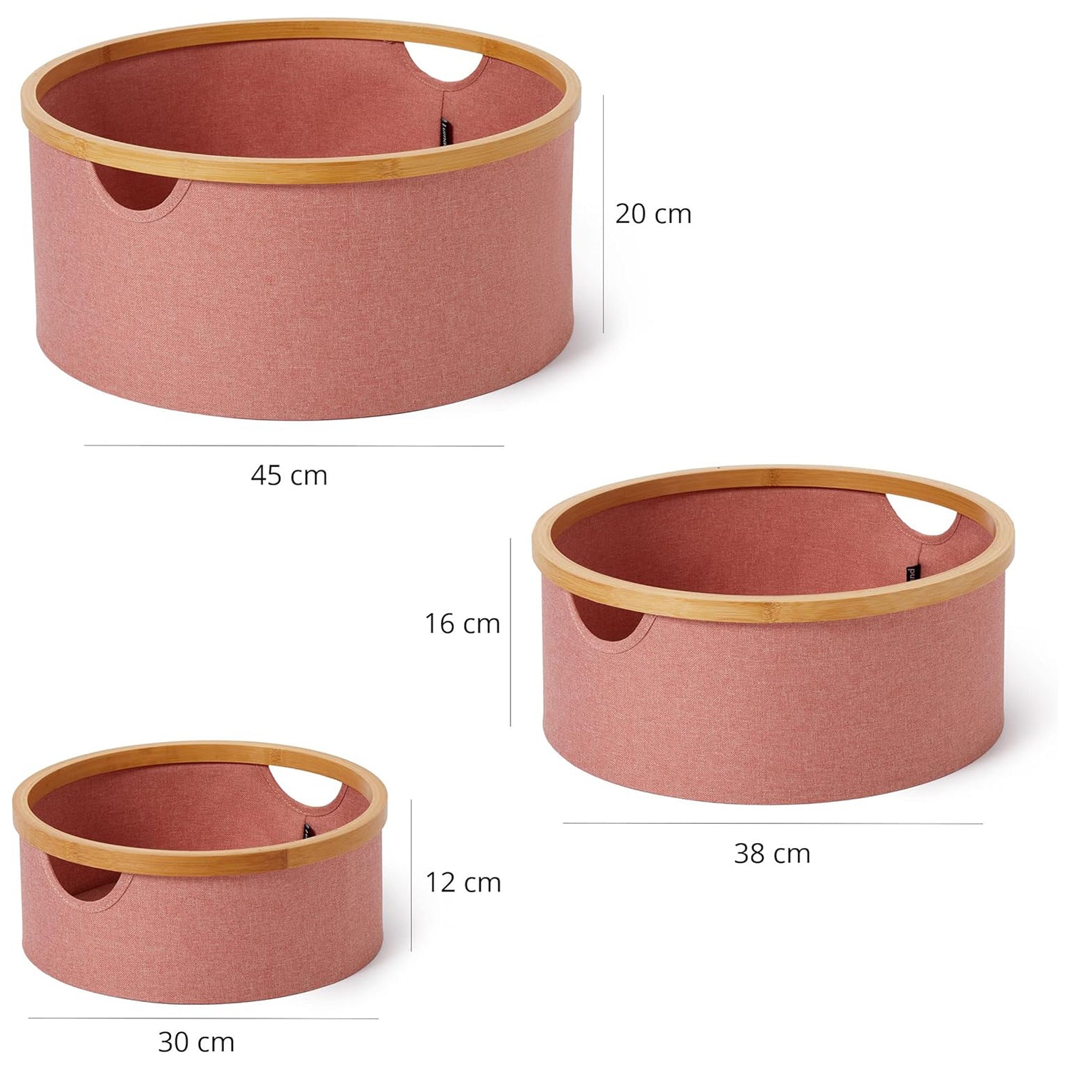 Bambus-Rahmen Aufbewahrungsbox rund - 3er-Set - Rosa, stapelbare runde Aufbewahrungsboxen in drei Größen mit Bambusrahmen.
