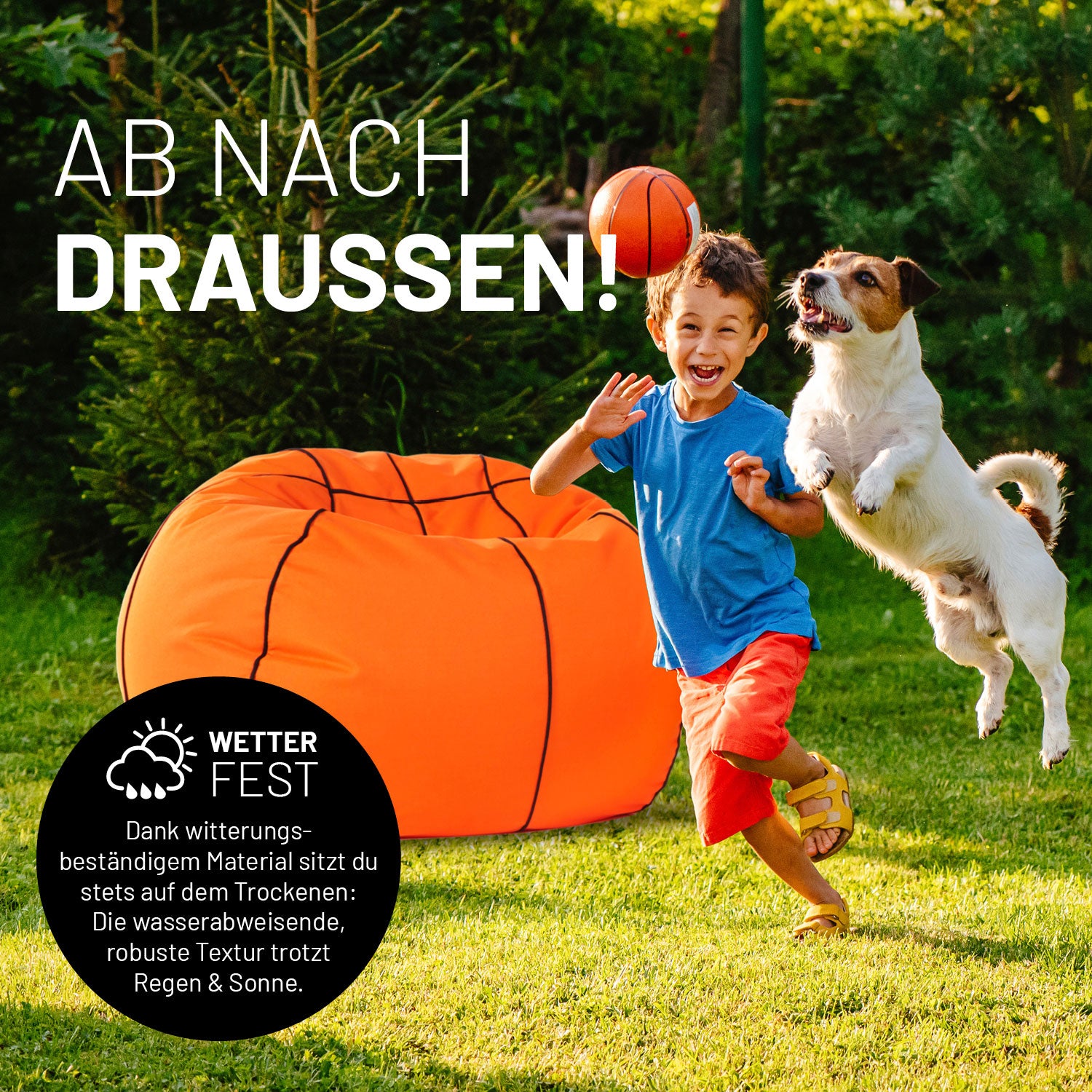 Luxury Basketball Sitzsack (300 L) wetterfest, robust und komfortabel für drinnen und draußen im sportlichen Basketball-Design.
