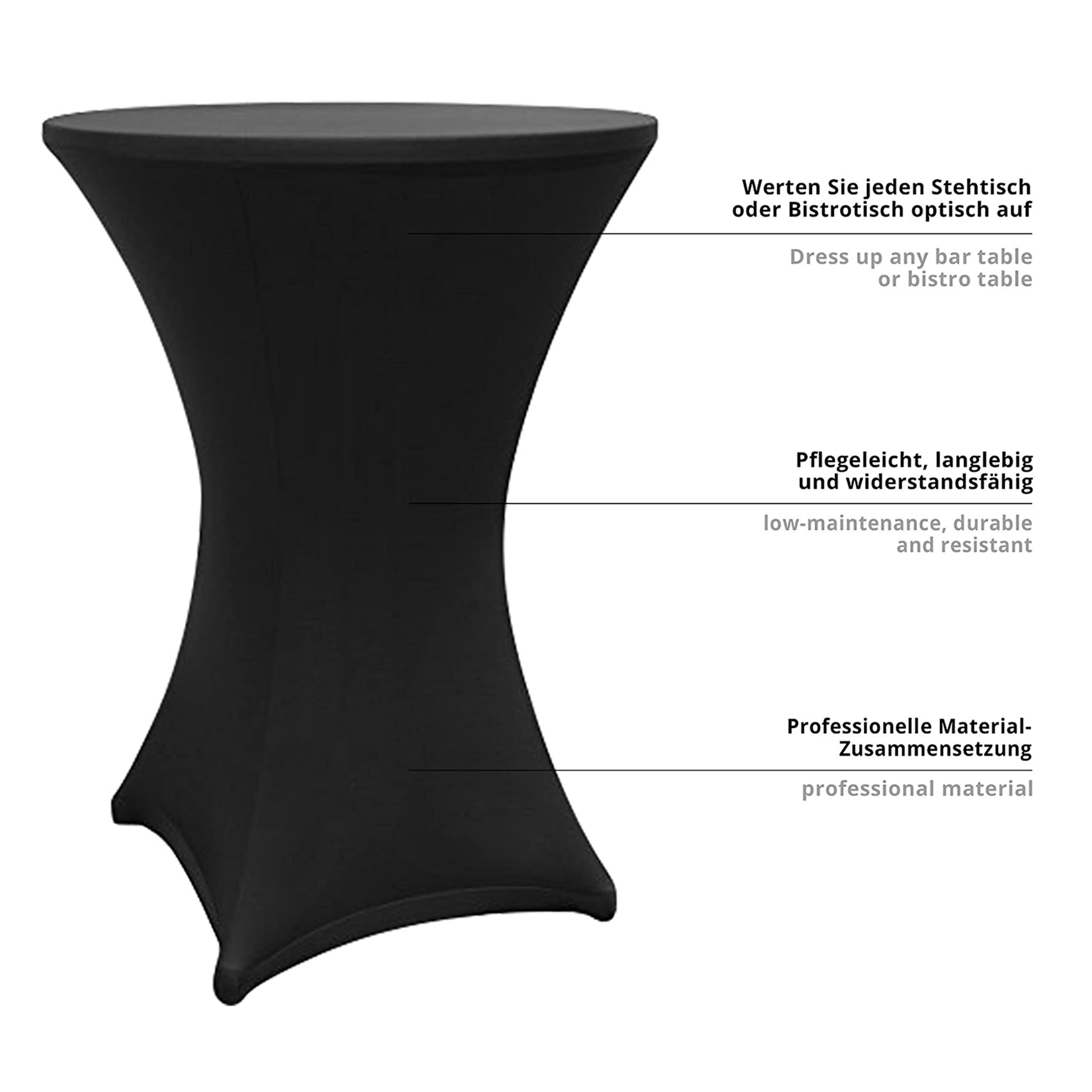 Schwarze Stehtischhusse Ø 70-75 cm, elegante Passform, pflegeleicht, langlebig, abwischbar und für Innen und Außen geeignet.