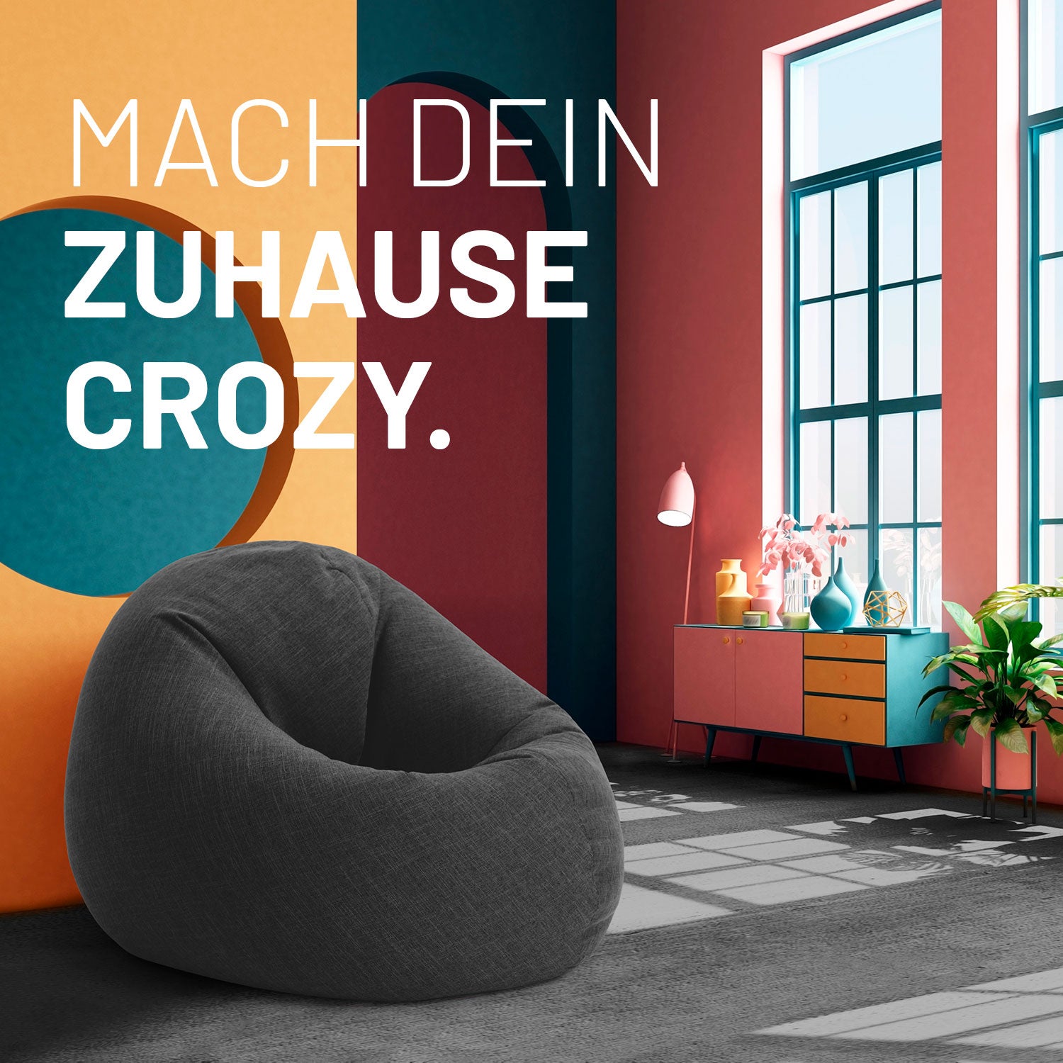 Sitzsack Interior Line (300 L) Dunkelgrau in modernem Raum mit bunten Wänden, gemütlich und weich mit leinenartigem Bezug.