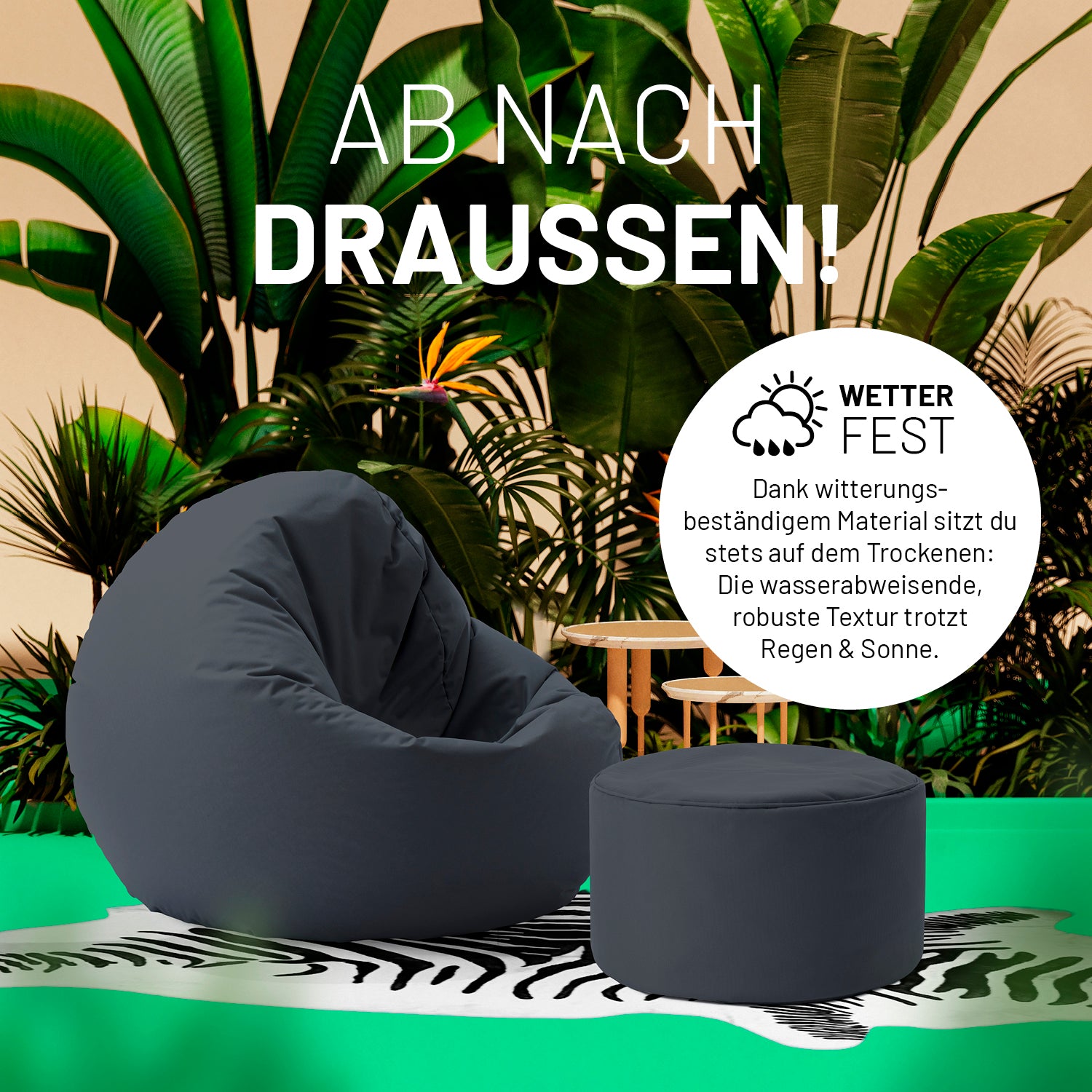 Sitzsack-Hocker/Pouf (50 L) in Stahlgrau, wetterfest, vielseitig für drinnen und draußen, leicht, langlebig und pflegeleicht.