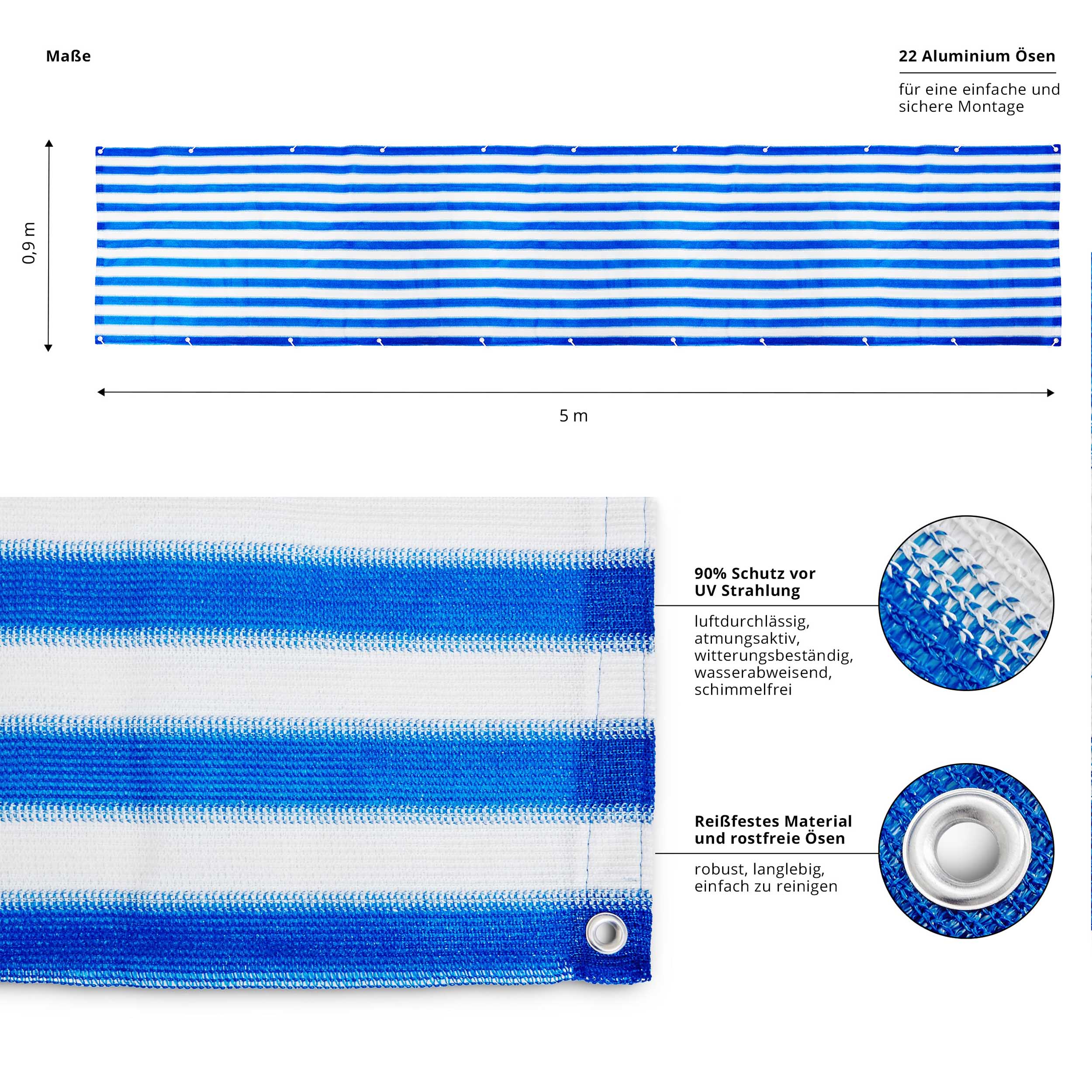 Balkonsichtschutz inkl. Befestigungsseil - 0,9 x 5 m - Blau/Weiß mit 22 Aluminium-Ösen, UV-Schutz und reißfestem HDPE-Material.
