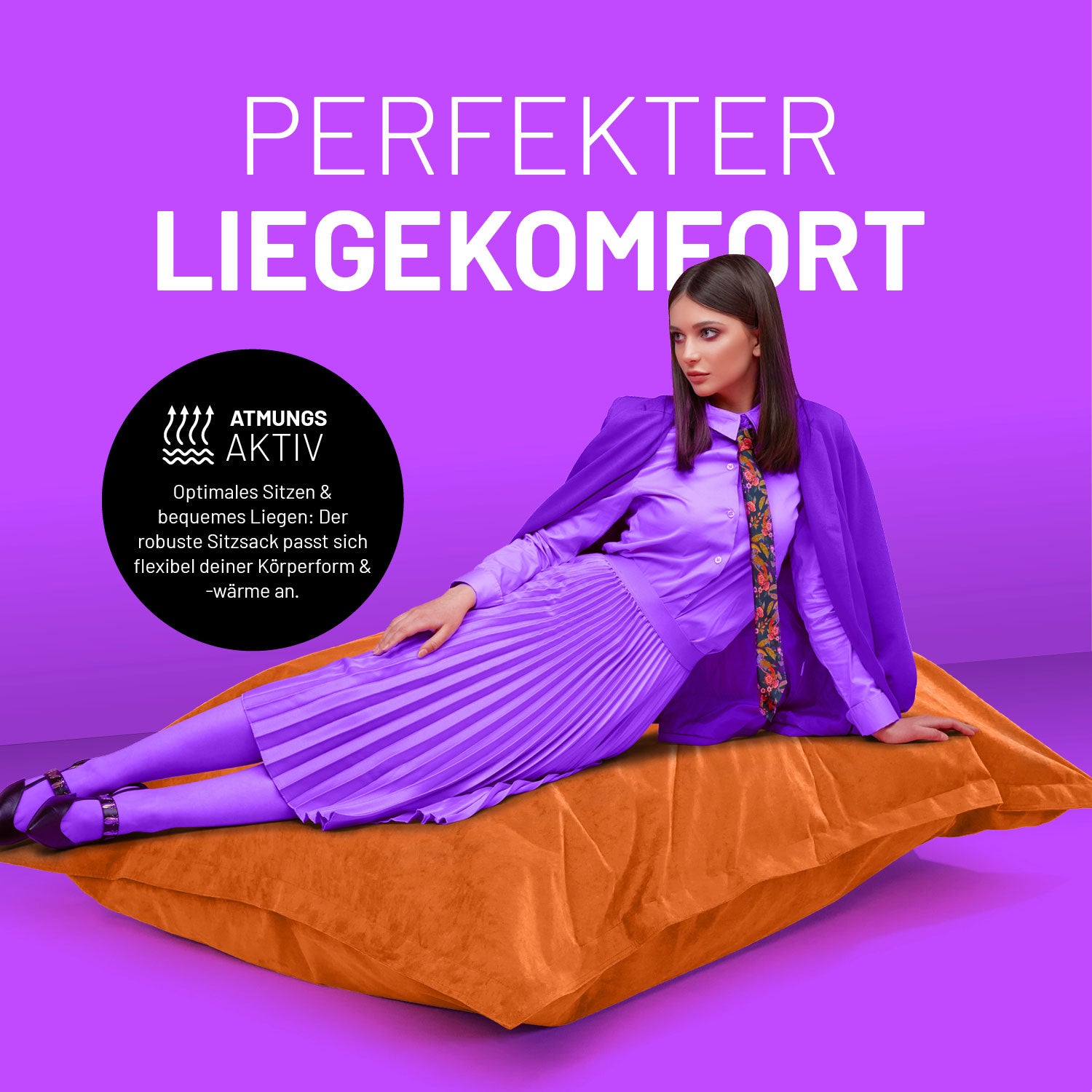 XXL Microvelours Sitzsack (380 L) - indoor - Orange mit atmungsaktivem Material für perfekten Liegekomfort und flexible Anpassung an Körperform.