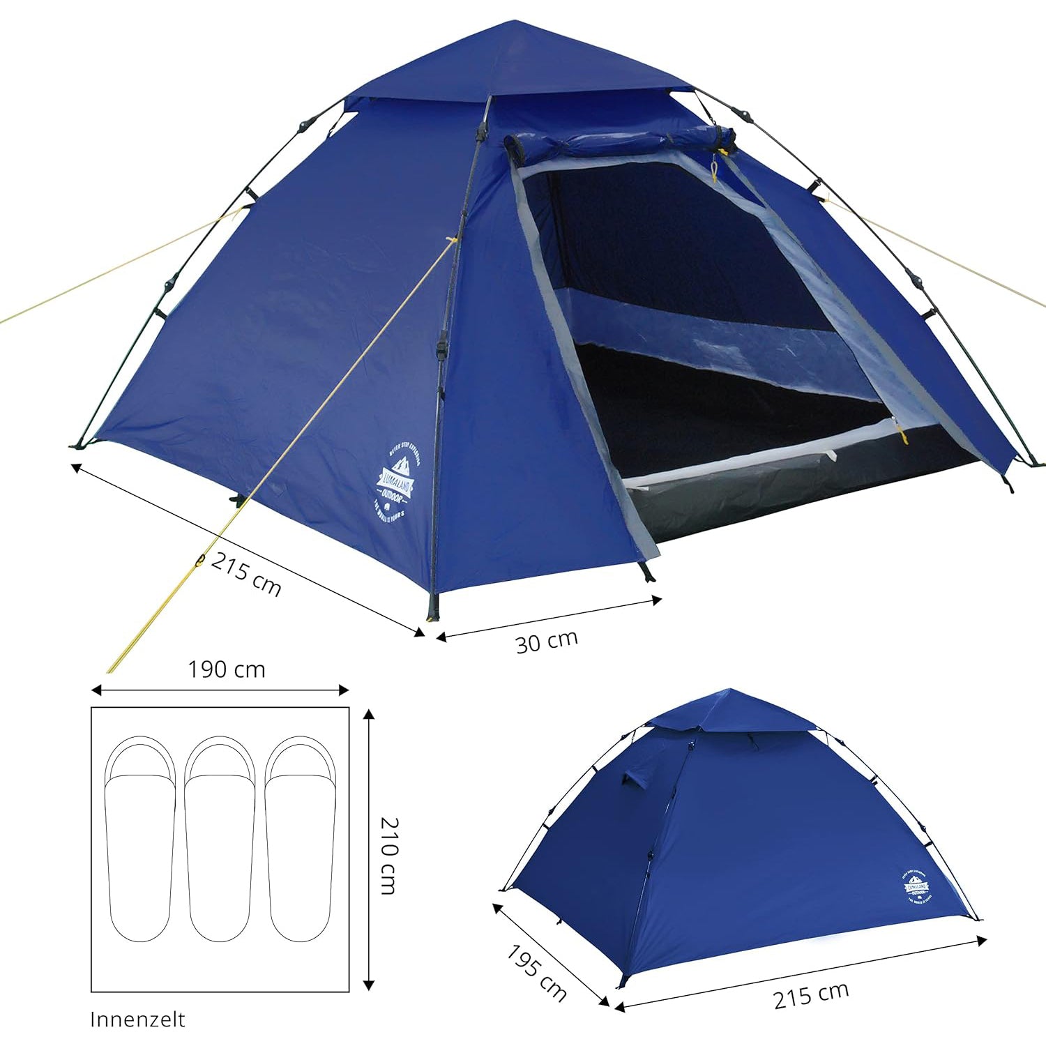 Pop Up Familienzelt Wurfzelt 3 Personen Zelt Blau, 215x195x120 cm, wasserfest, schnelles Aufbauen, atmungsaktiv, ideal fürs Camping.