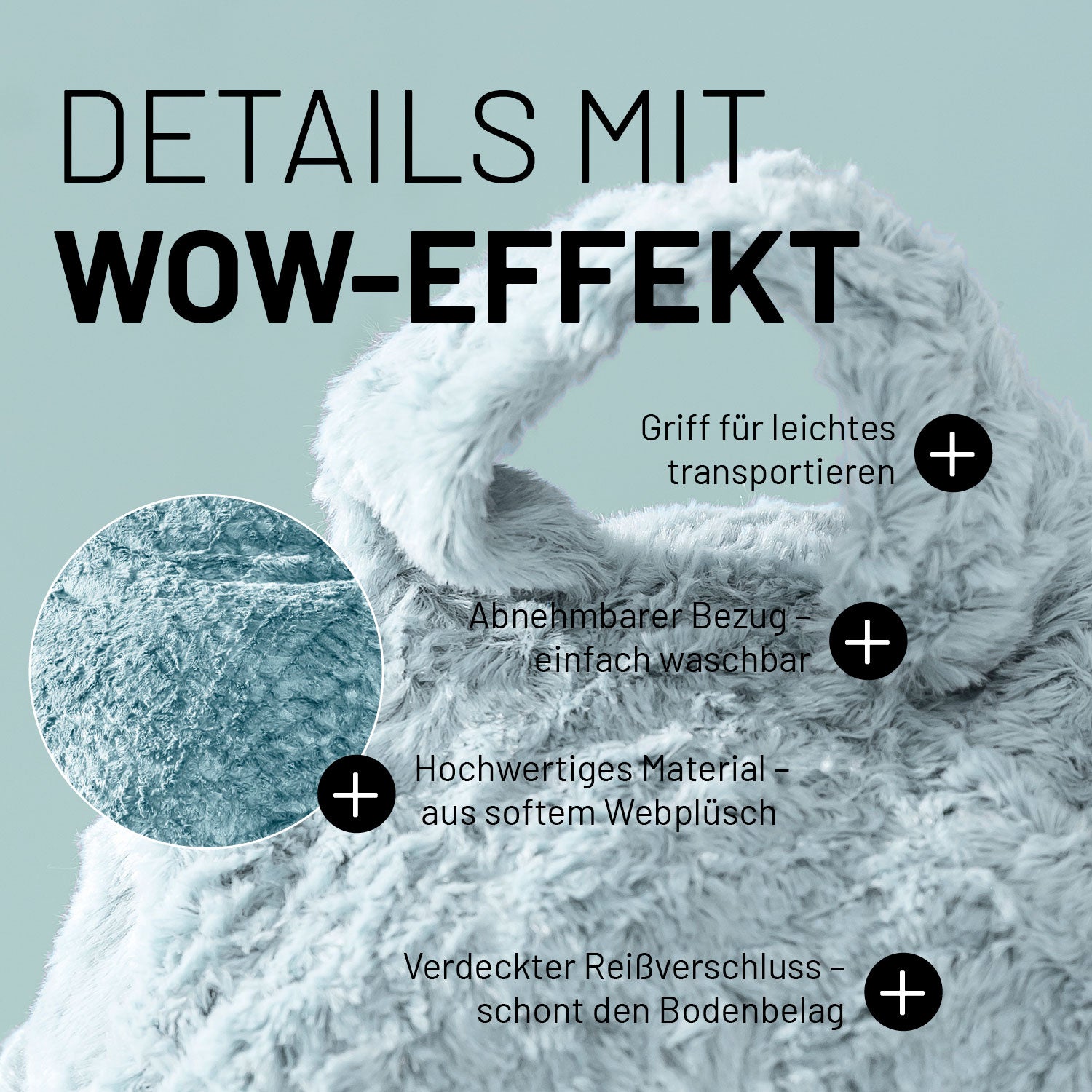 Luxury Fluffy Sitzsack (120 L) Pastel Blau mit weichem Webplüsch, waschbarem Bezug und praktischem Griff zum leichten Transportieren.