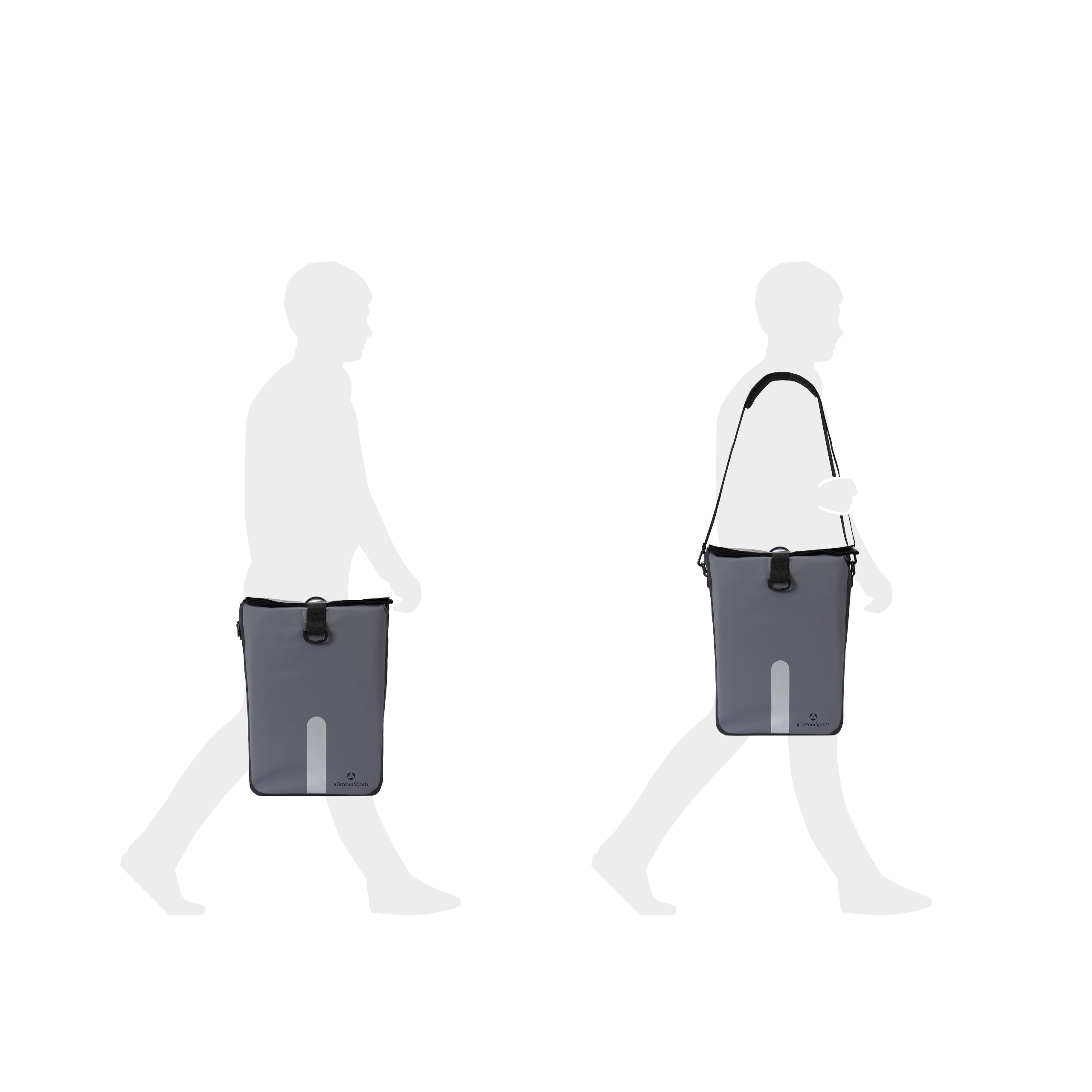 Wasserdichte Fahrradtasche Roll-Top - 21 L - Grau als 3-in-1 Tasche mit Schulter- und Haltegriff, reflektierend und vielseitig tragbar.