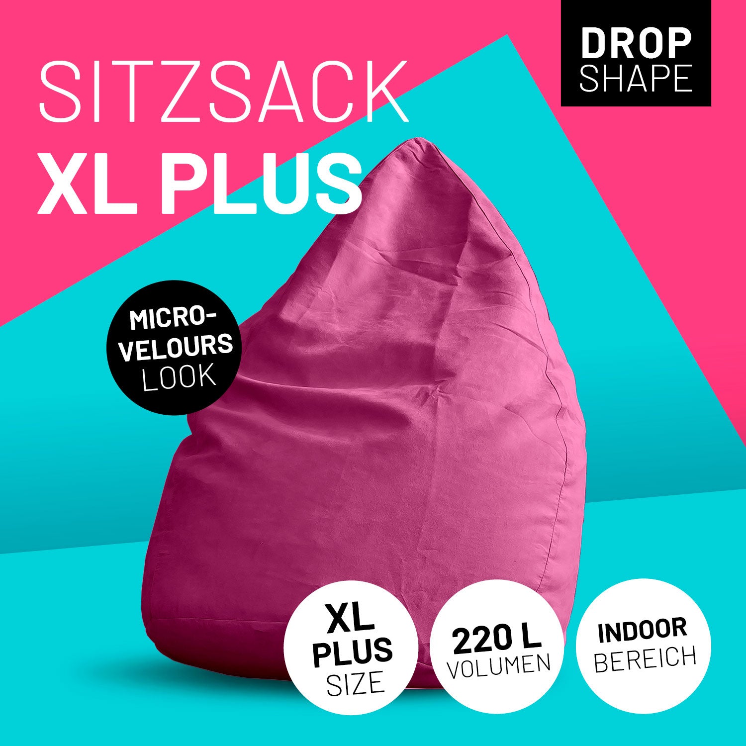 Luxury XL PLUS Sitzsack (220 L) - Indoor - Pink mit Mikro-Velours-Look, 220 Liter Volumen, formstabil und waschbarem Bezug.