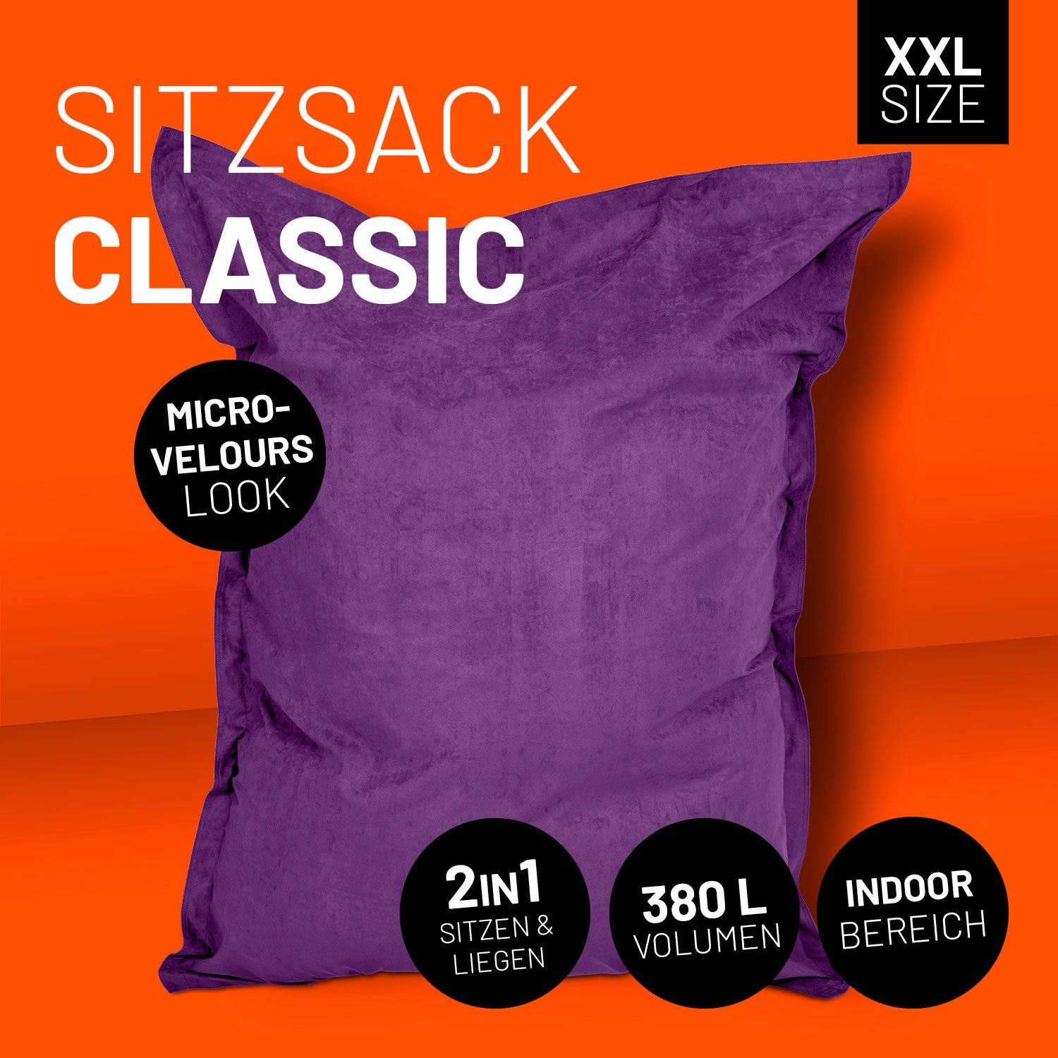 XXL Microvelours Sitzsack (380 L) lila, wasserfest, 140x180 cm, indoor, komfortable Alternative zu Sofa und Sessel.