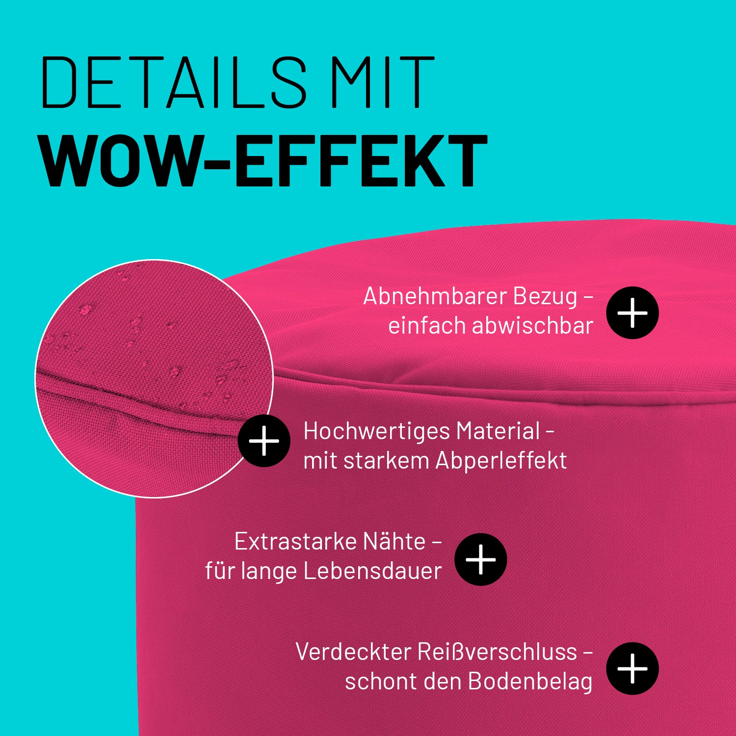 Sitzsack-Hocker/Pouf (50 L) - pink, abnehmbarer Bezug, stark abperlendes Material, extrastarke Nähte, verdeckter Reißverschluss, indoor & outdoor.
