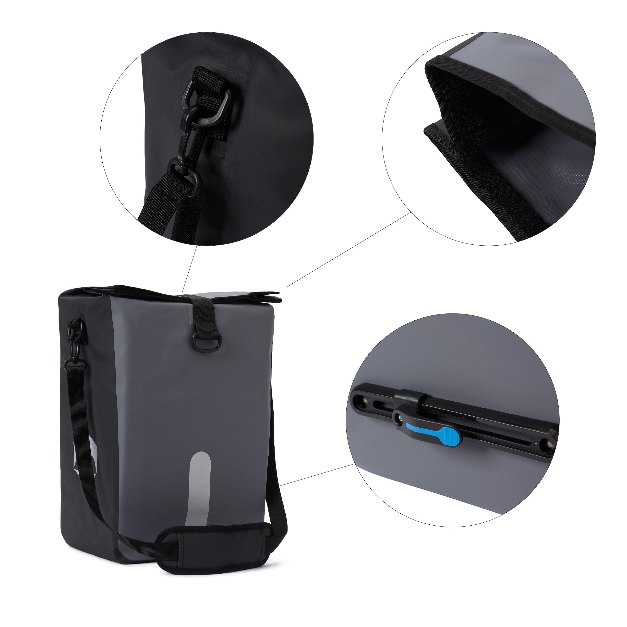 Wasserdichte Fahrradtasche Roll-Top - 21 L - Grau mit Schnellverbindungssystem, Reflektor und abnehmbarem Schultergurt.
