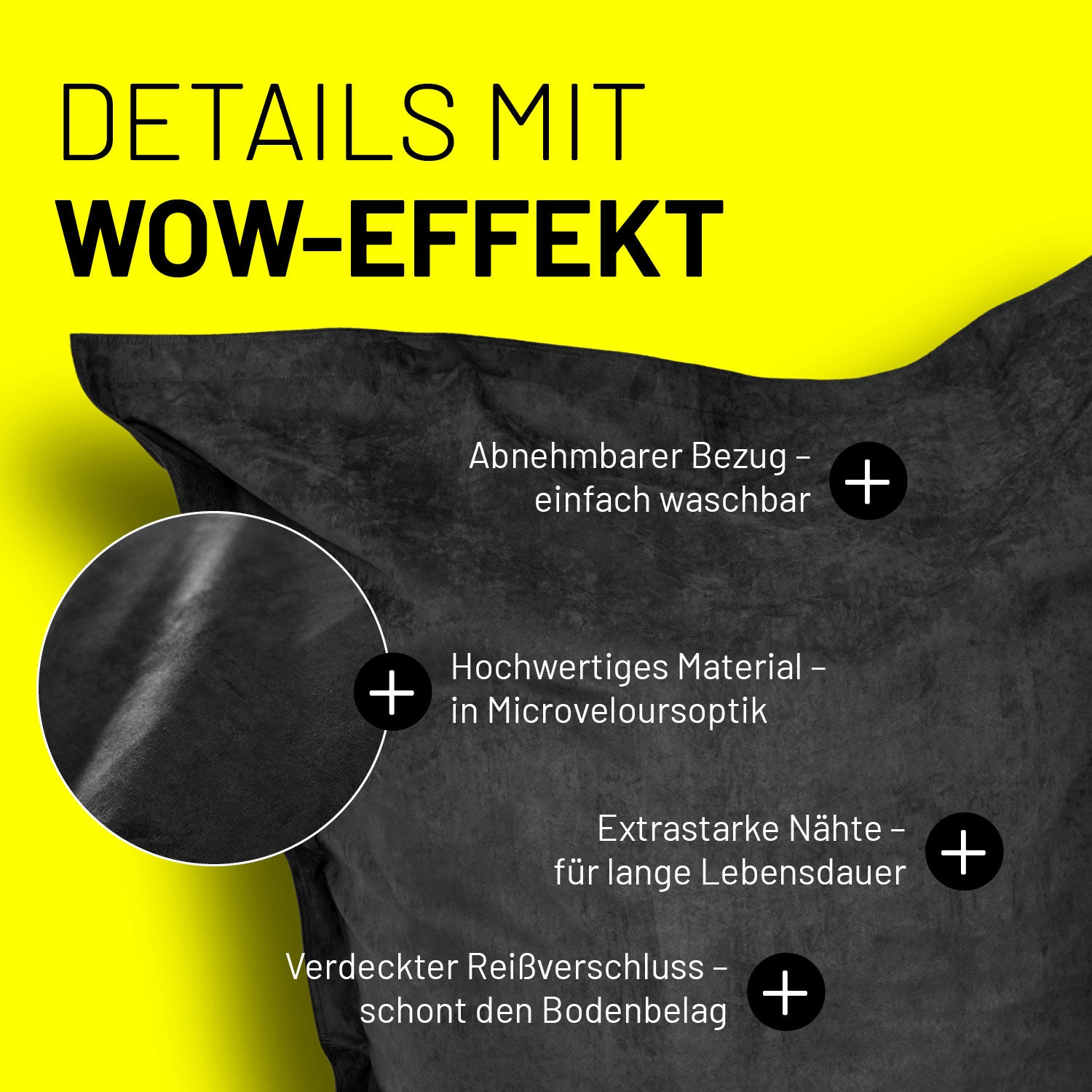 XXL Microvelours Sitzsack (380 L) - Schwarz mit abnehmbarem Bezug, Microveloursoptik, extrastarken Nähten und verdecktem Reißverschluss.