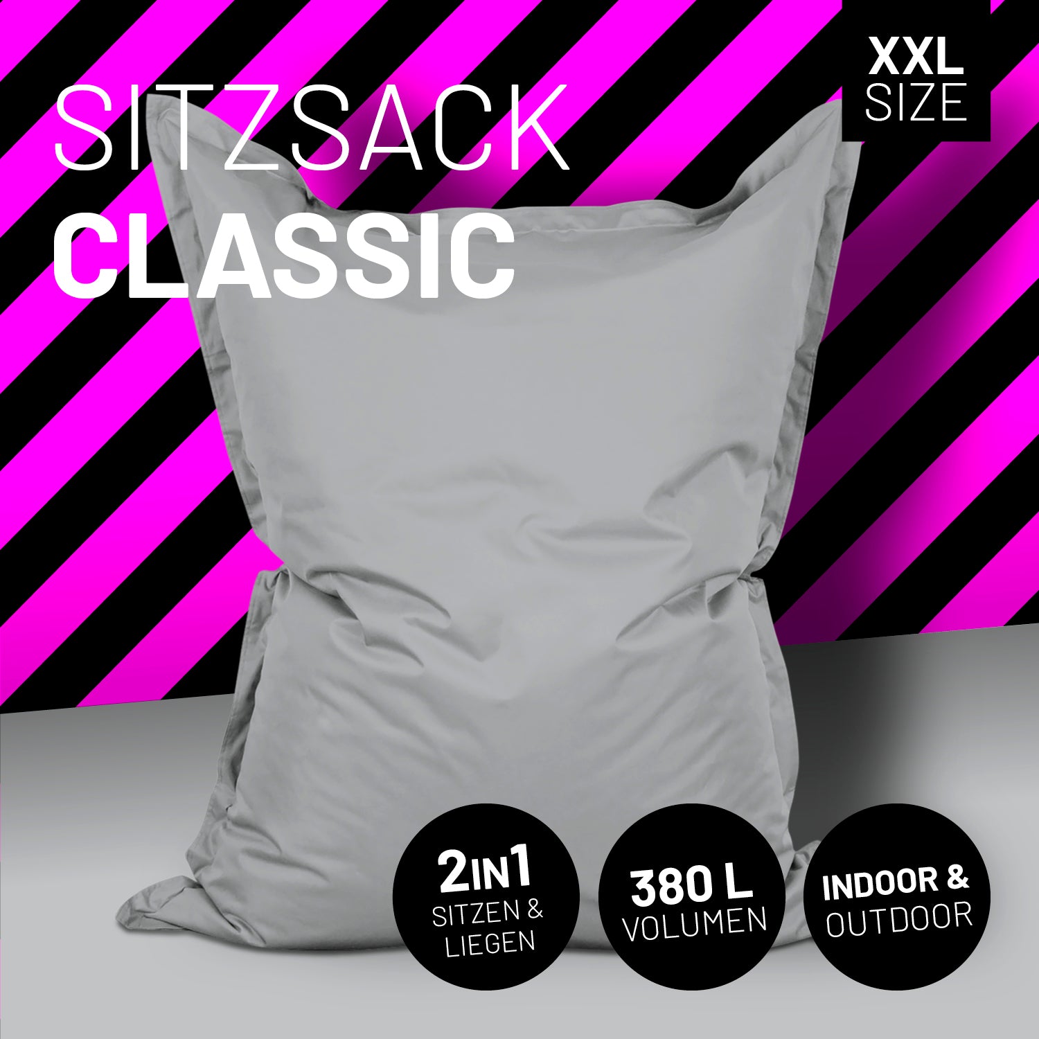 Sitzsack Classic XXL (380 L) in Silbergrau, modisch für innen & außen, extra groß mit 380 L Volumen und robusten Nähten.