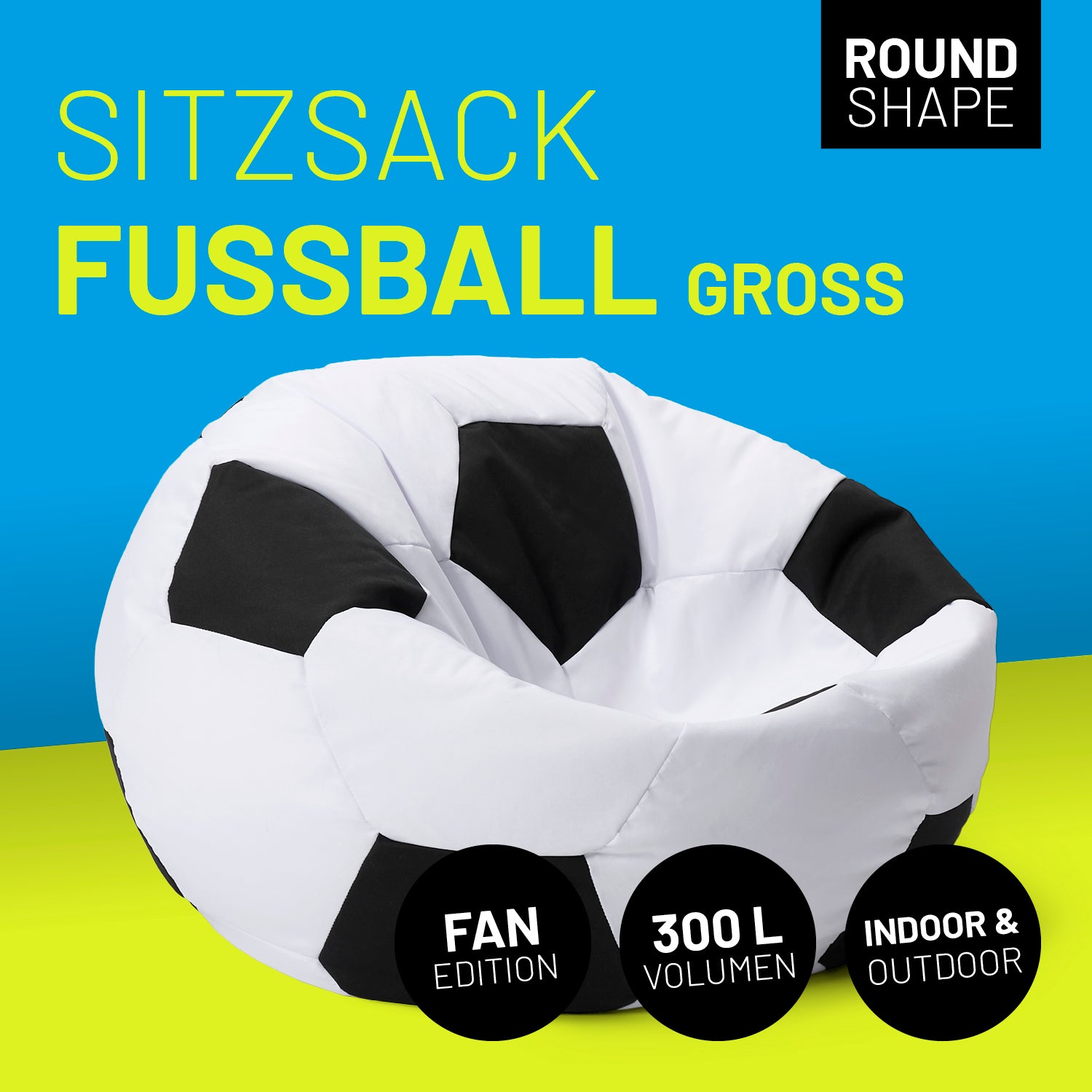 Luxury Fußball Sitzsack (300 L) - großer, runder Sitzsack im Fußball-Design, geeignet für indoor & outdoor Nutzung.