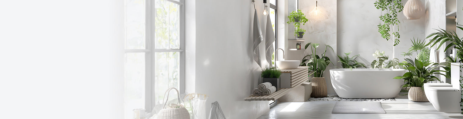 Lichtdurchflutetes weißes Badezimmer mit einer großen Badewanne, vielen Pflanzen und großem Fenster.