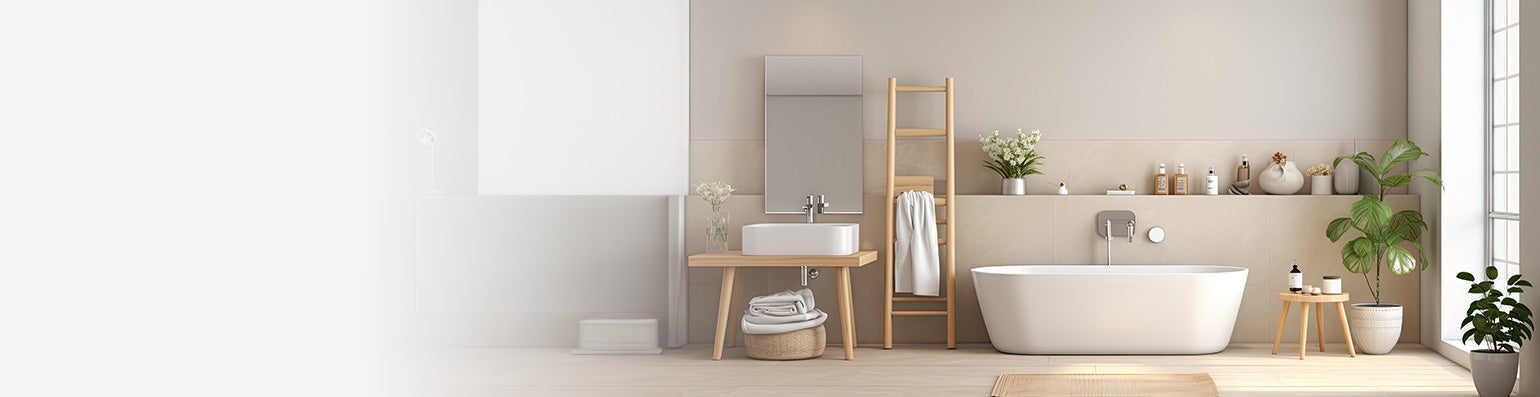 Modernes Badezimmer mit einer mittig stehenden Badewanne, dahinter diverse Beautyprodukte, eine Hantuchleiter und Pflanzen.