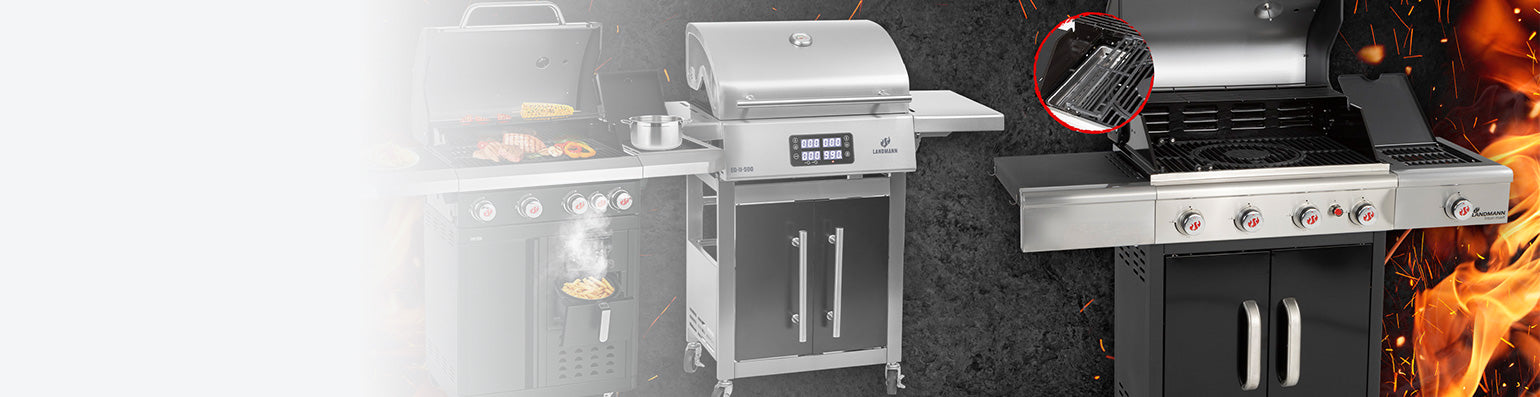 Drei Gasgrills aus dem LANDMANN Sortiment: Fryton, Rexon und Triton.