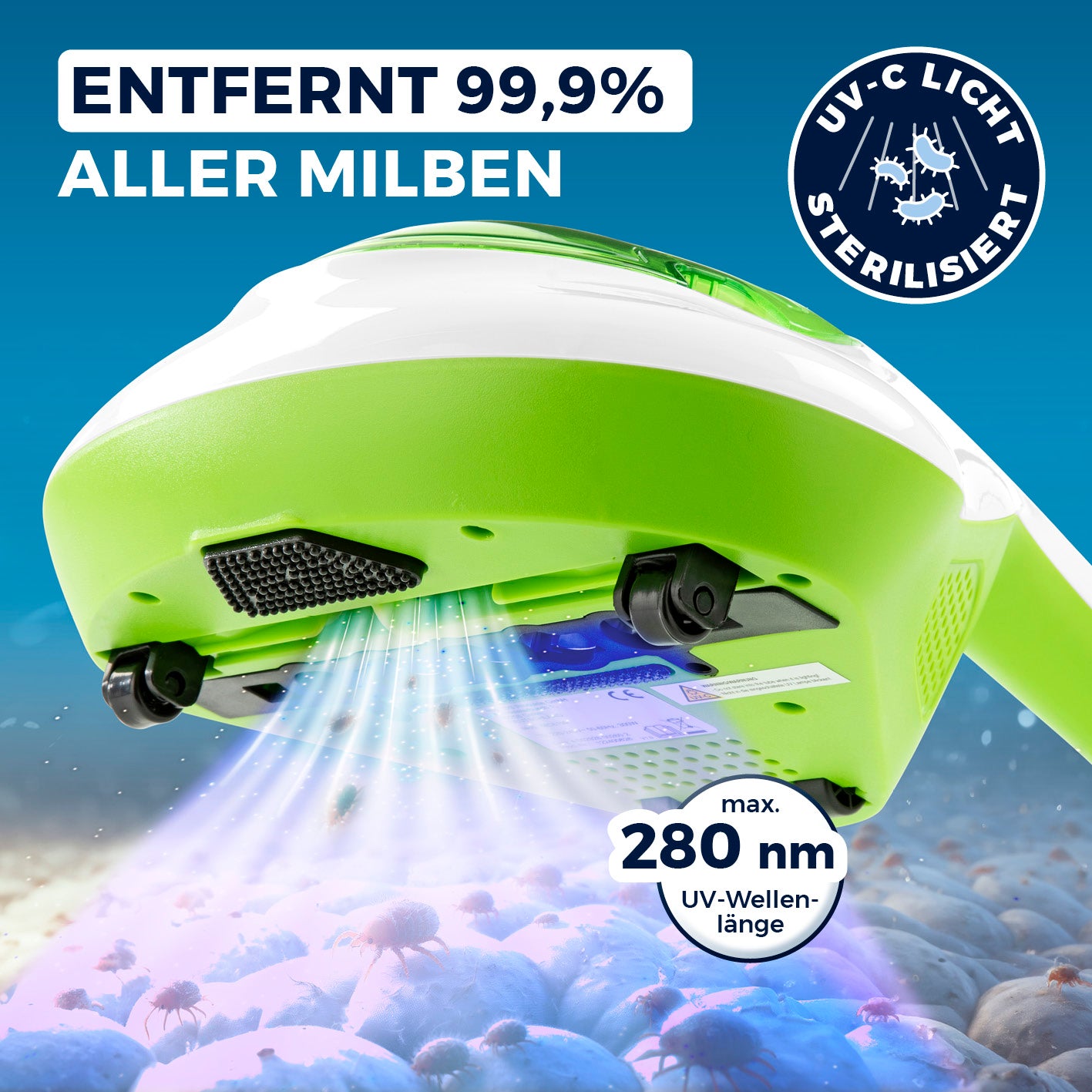 Milbensauger Vibration - HEPA-13-Filter - weiß/limegreen entfernt 99,9 % Milben mit UV-C-Licht und starker Saugkraft.
