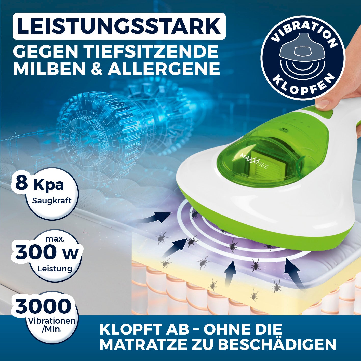 Milbensauger Vibration - HEPA-13-Filter - weiß/limegreen mit 8 kPa Saugkraft und 3000 Vibrationen gegen Milben und Allergene.