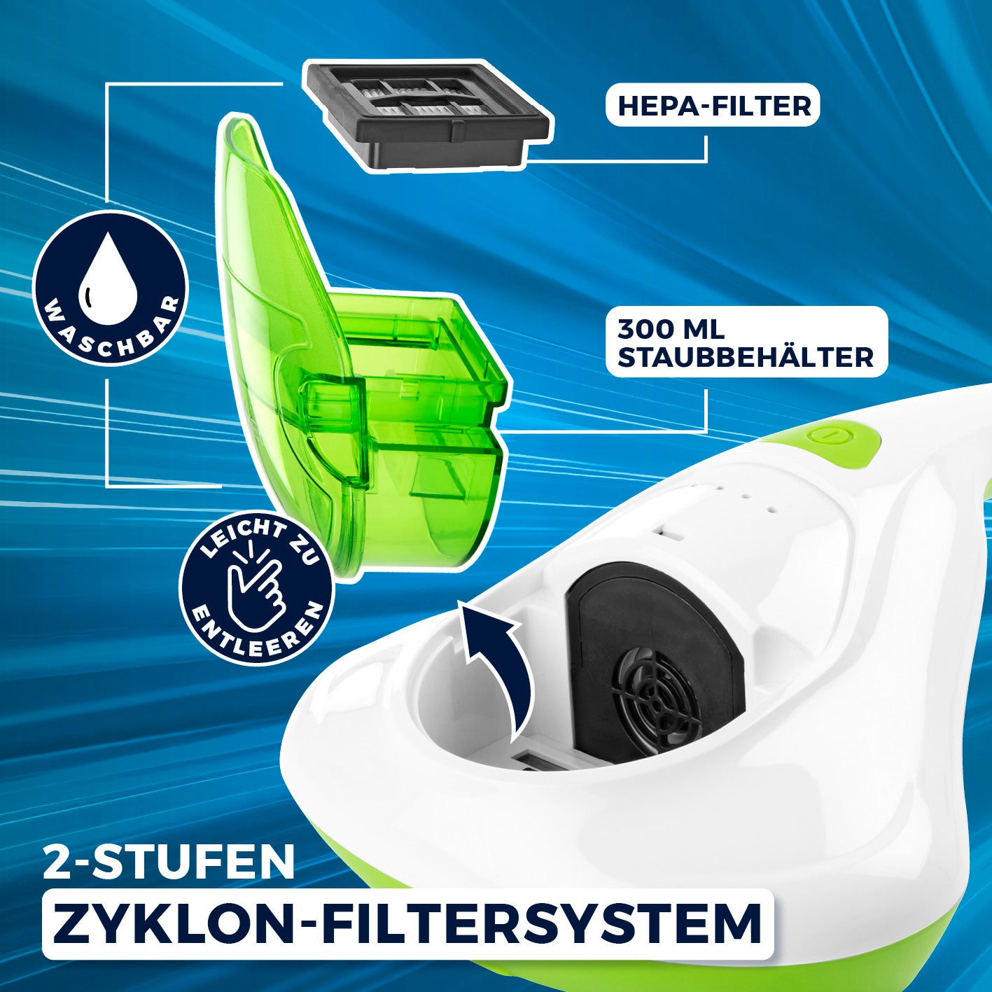 Milbensauger Vibration - HEPA-13-Filter - weiß/limegreen mit 2-Stufen Zyklon-Filtersystem, waschbarem 300 ml Staubbehälter.