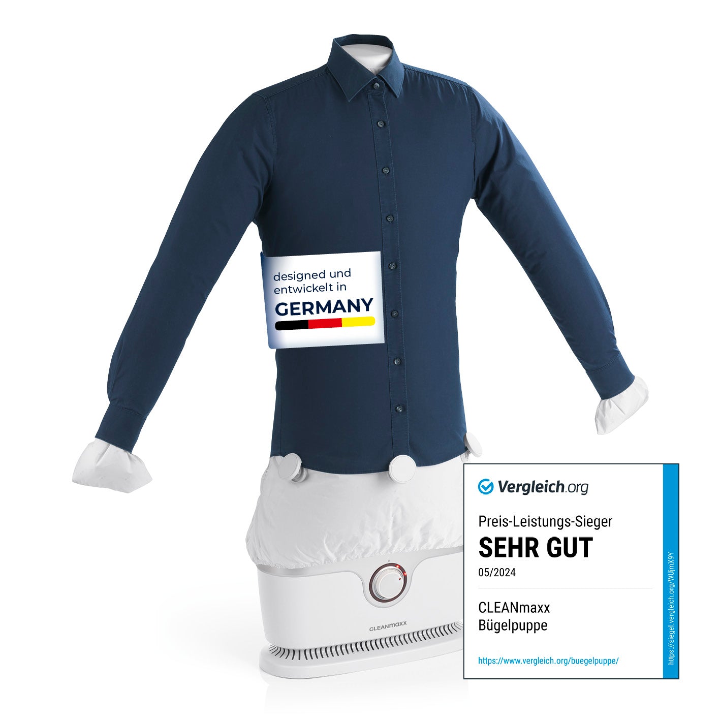 Hemdenbügler PRO - Weiß/Silber mit Bügelpuppe und Gewichts-Clips für faltenfreies Trocknen und Bügeln in 10 Minuten.