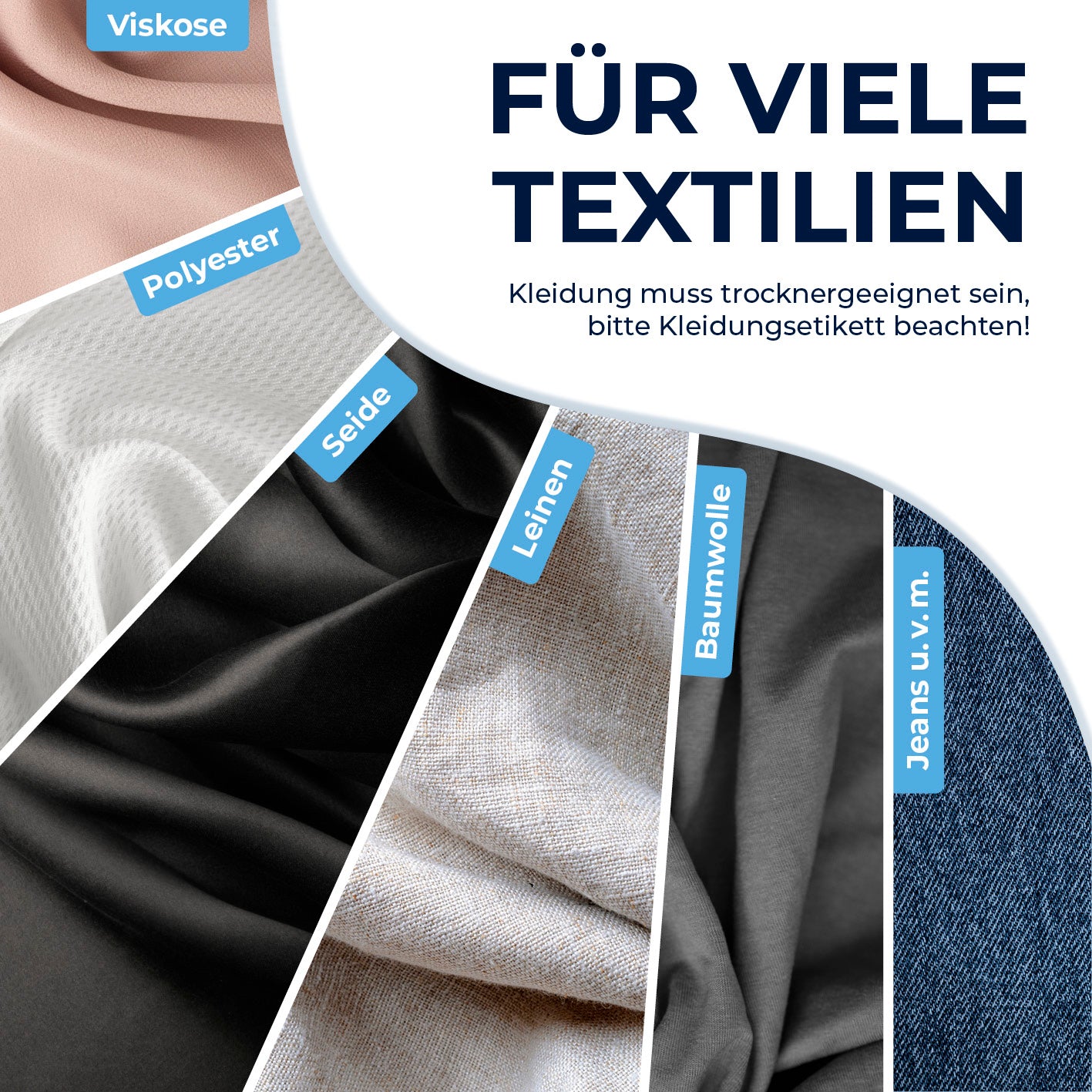 Hemdenbügler PRO - Weiß/Silber zeigt geeignete Textilien wie Viskose, Polyester, Seide, Leinen, Baumwolle und Jeans für schonendes Bügeln.