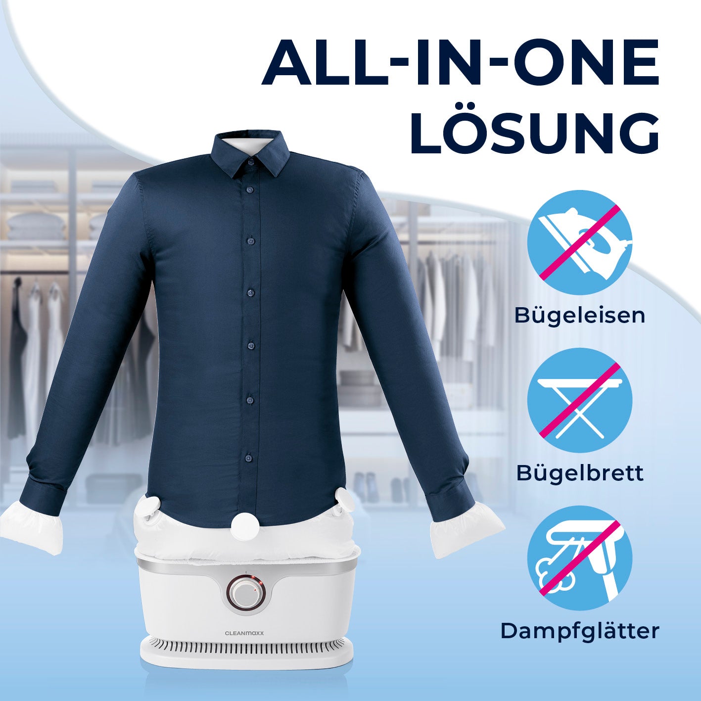 Hemdenbügler PRO - Weiß/Silber zeigt faltenfreie Hemden ohne Bügeleisen, Bügelbrett oder Dampfglätter dank All-in-One Lösung.