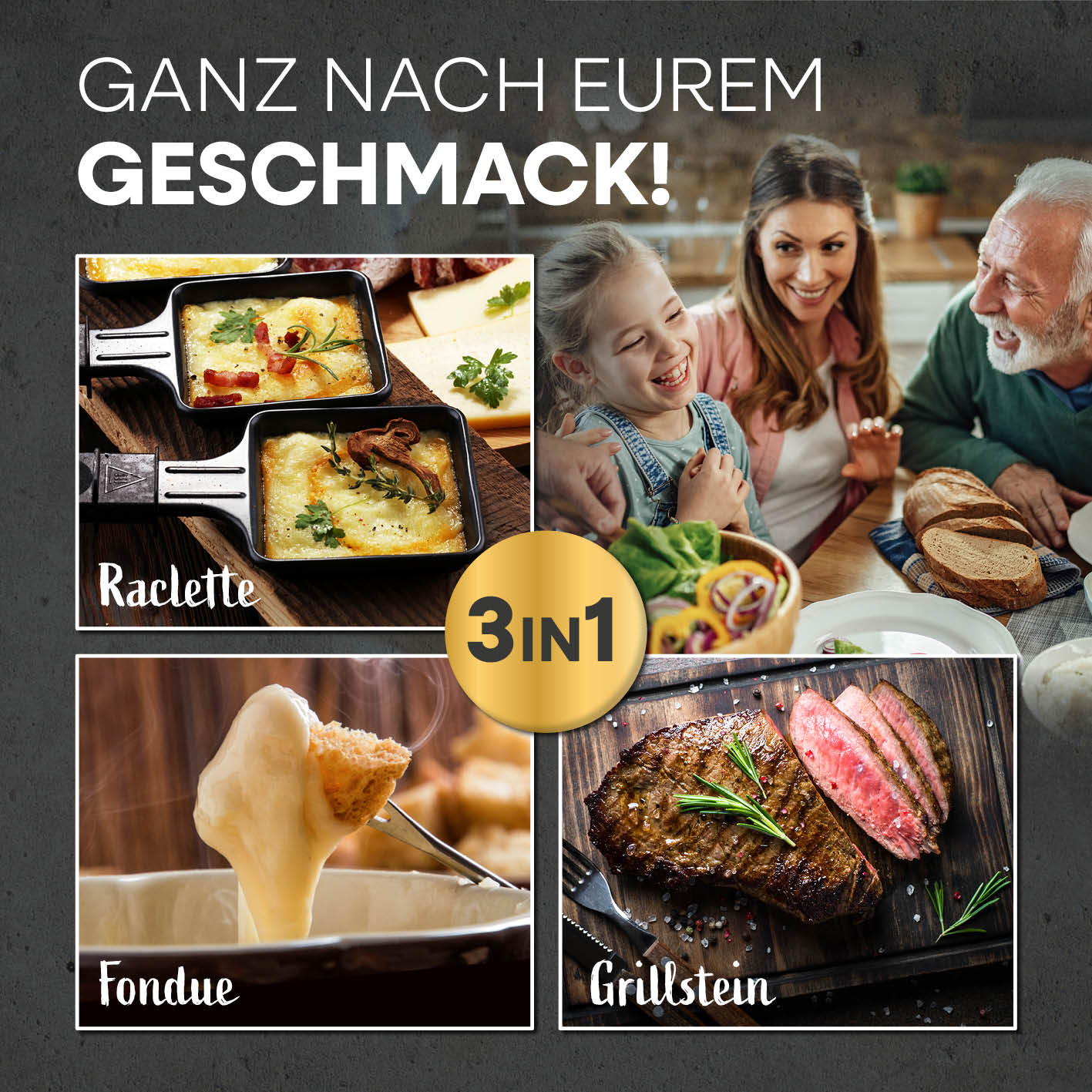 Raclette- & Fondue-Set GRANITlook - schwarz mit Raclette, Fondue und Grillstein, perfekt für 12 Personen und stufenlos regelbar.