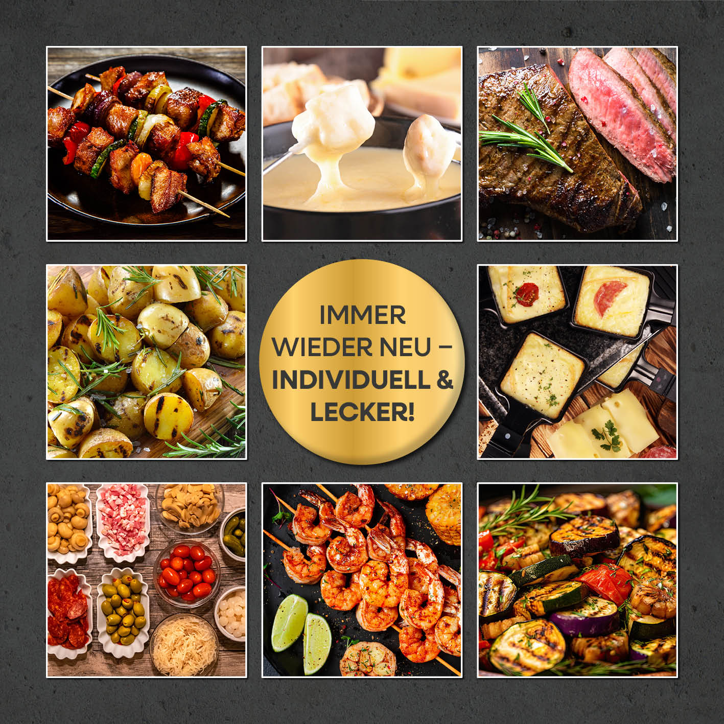 Raclette- & Fondue-Set GRANITlook - schwarz mit Raclette, Fondue, Grill und heißem Stein für individuelle Genussmomente.