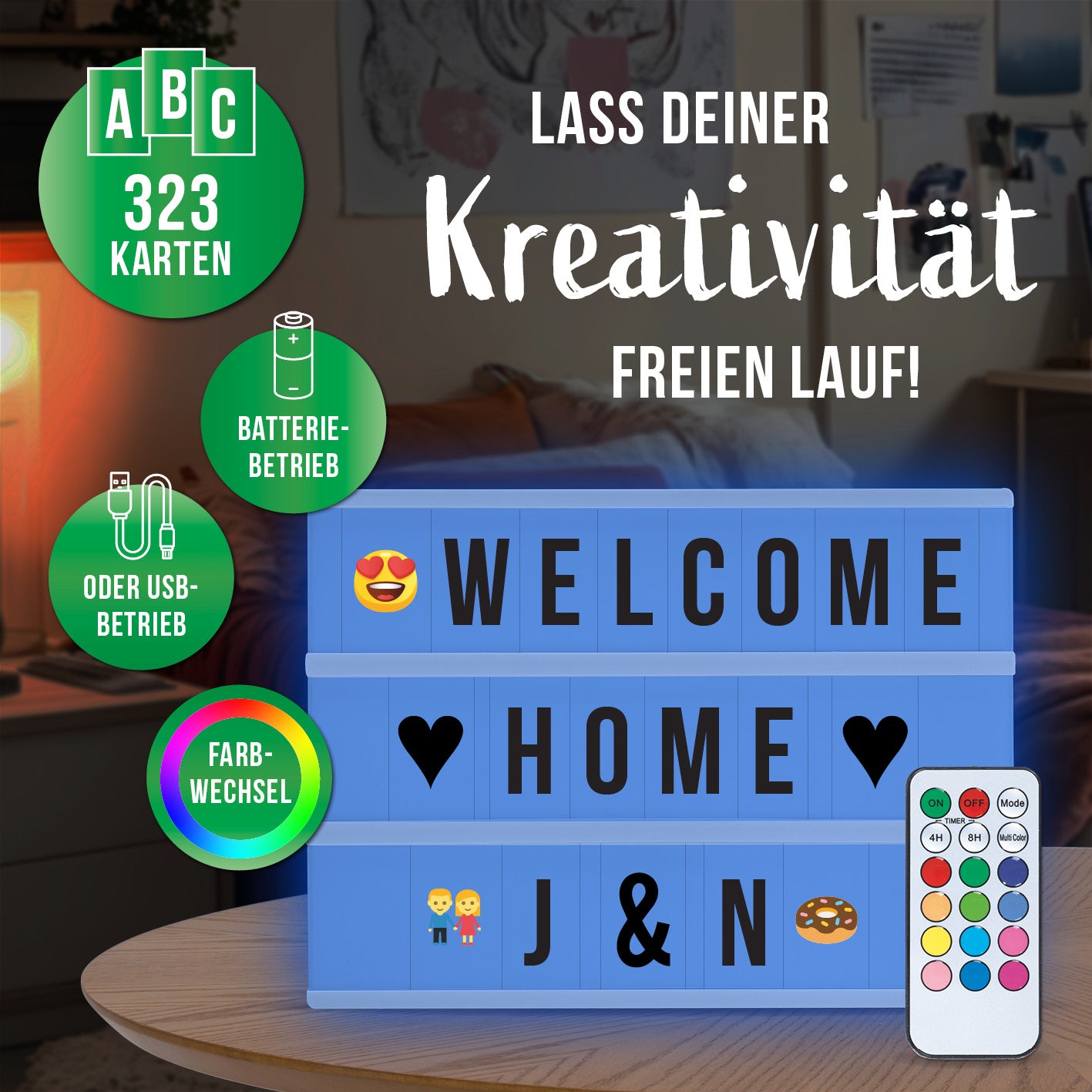 LED-Leuchtkasten A4 mit 173 austauschbaren Zeichen, Timerfunktion, Farbwechsel und USB- oder Batteriebetrieb für kreative Textbotschaften.