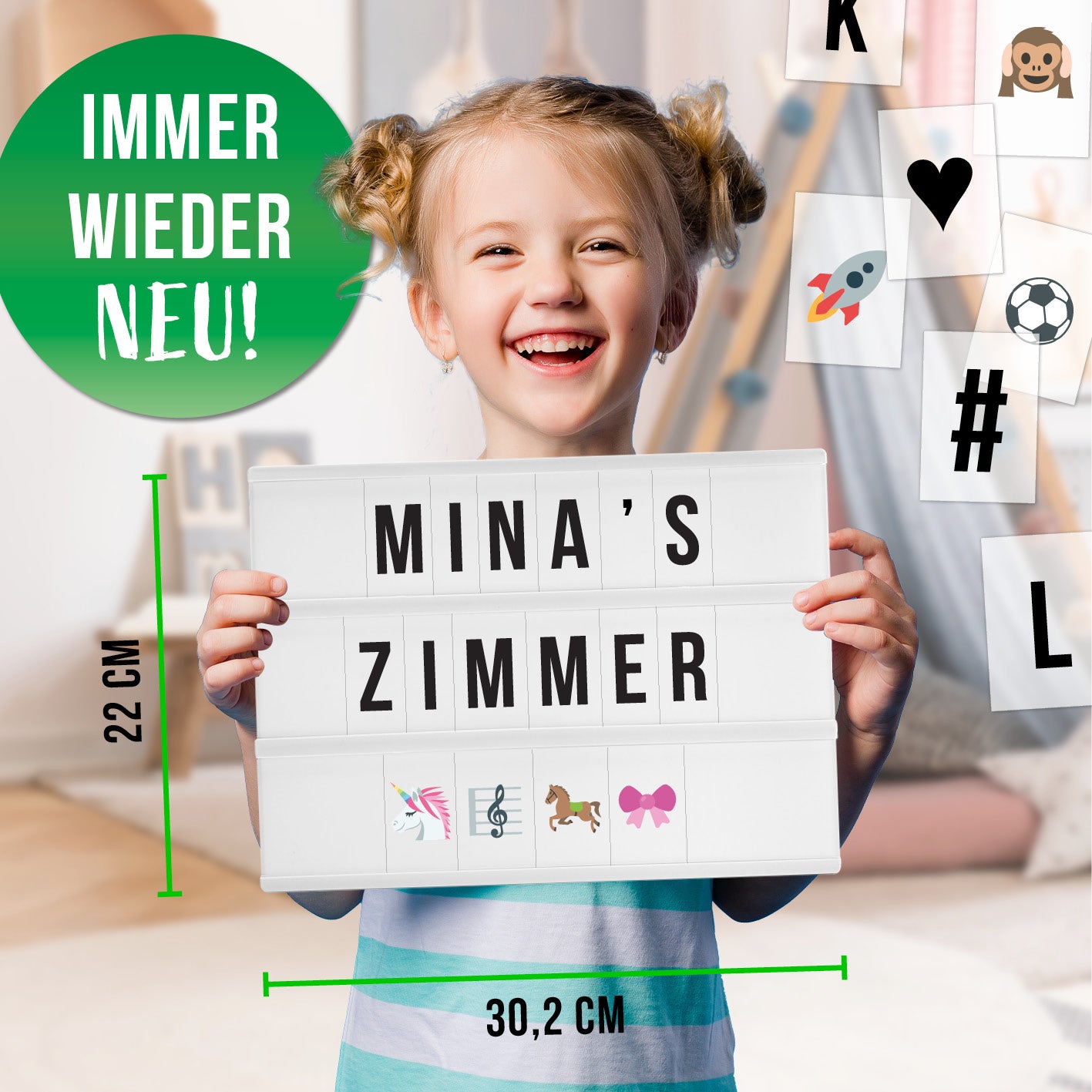 LED-Leuchtkasten A4 mit 173 austauschbaren Zeichen, bunter Beleuchtung und Timerfunktion, ideal als individuelle Deko für Kinderzimmer.