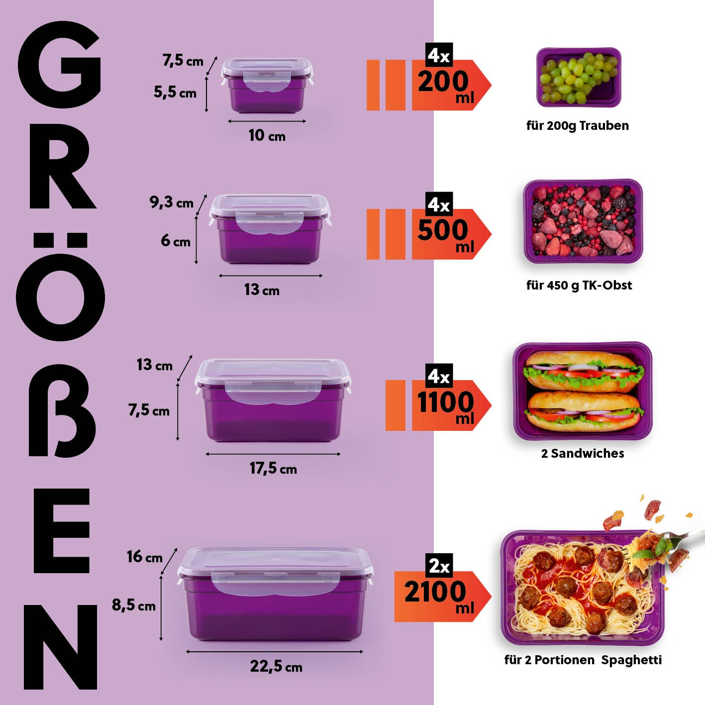 Frischhaltedosen Klick-it, 28-tlg., Lila, 4 Größen, luftdicht, auslaufsicher, stapelbar, ideal für Meal Prep und Aufbewahrung.