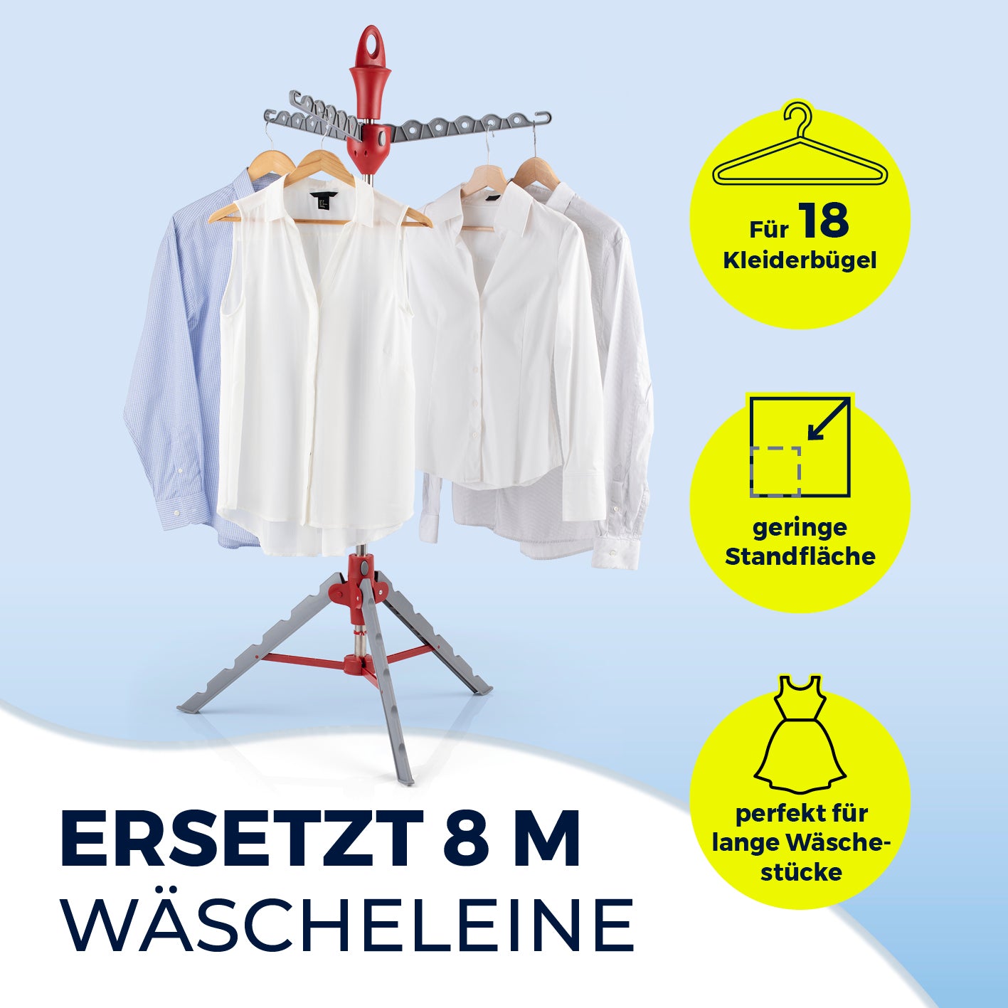 Wäschespinne klappbar für 18 Bügel, platzsparend, ideal für lange Wäschestücke, ersetzt 8 Meter Wäscheleine, leicht und robust.