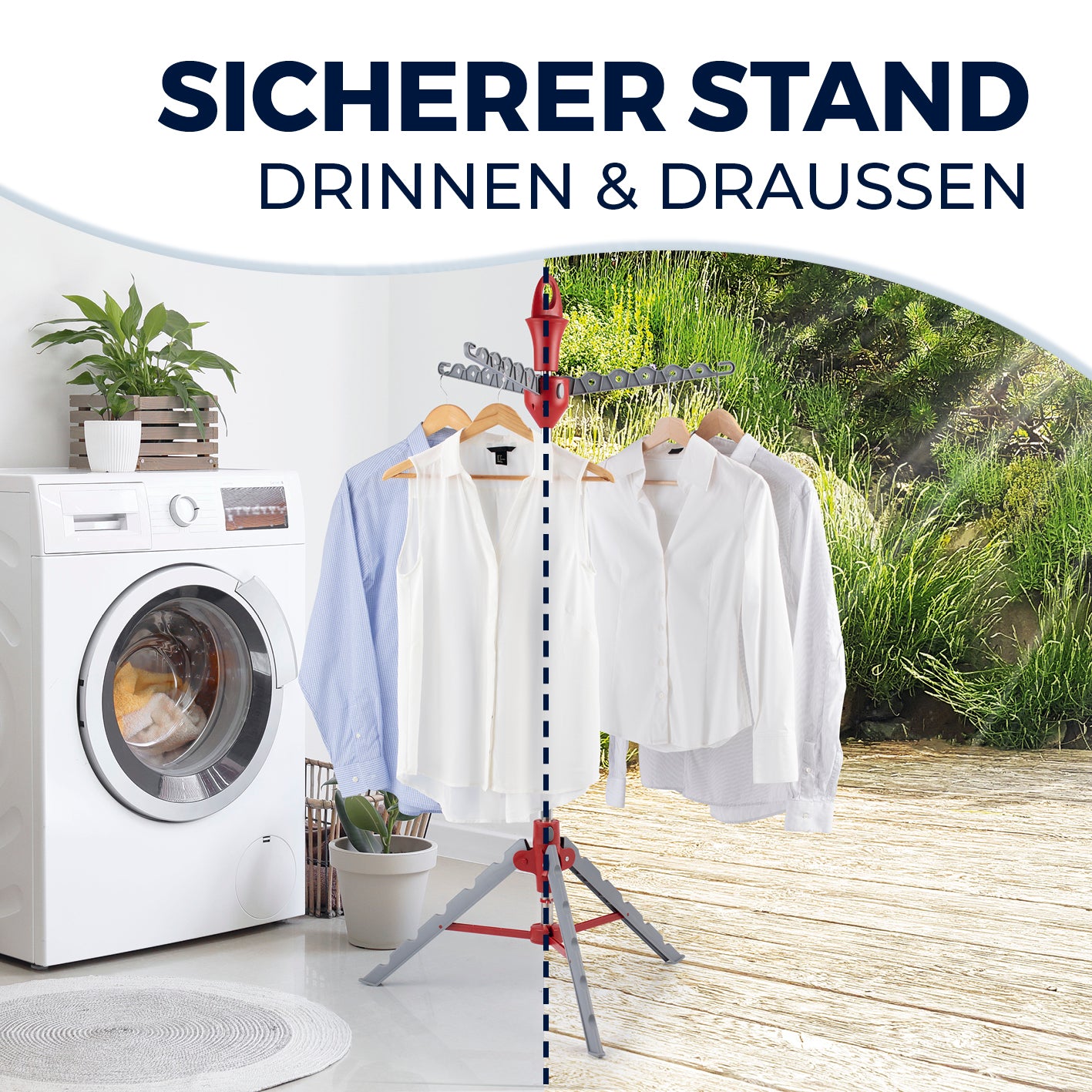 Wäschespinne mit sicherem Stand, höhenverstellbar und platzsparend, ideal für drinnen und draußen zum Trocknen von bis zu 18 Bügeln.