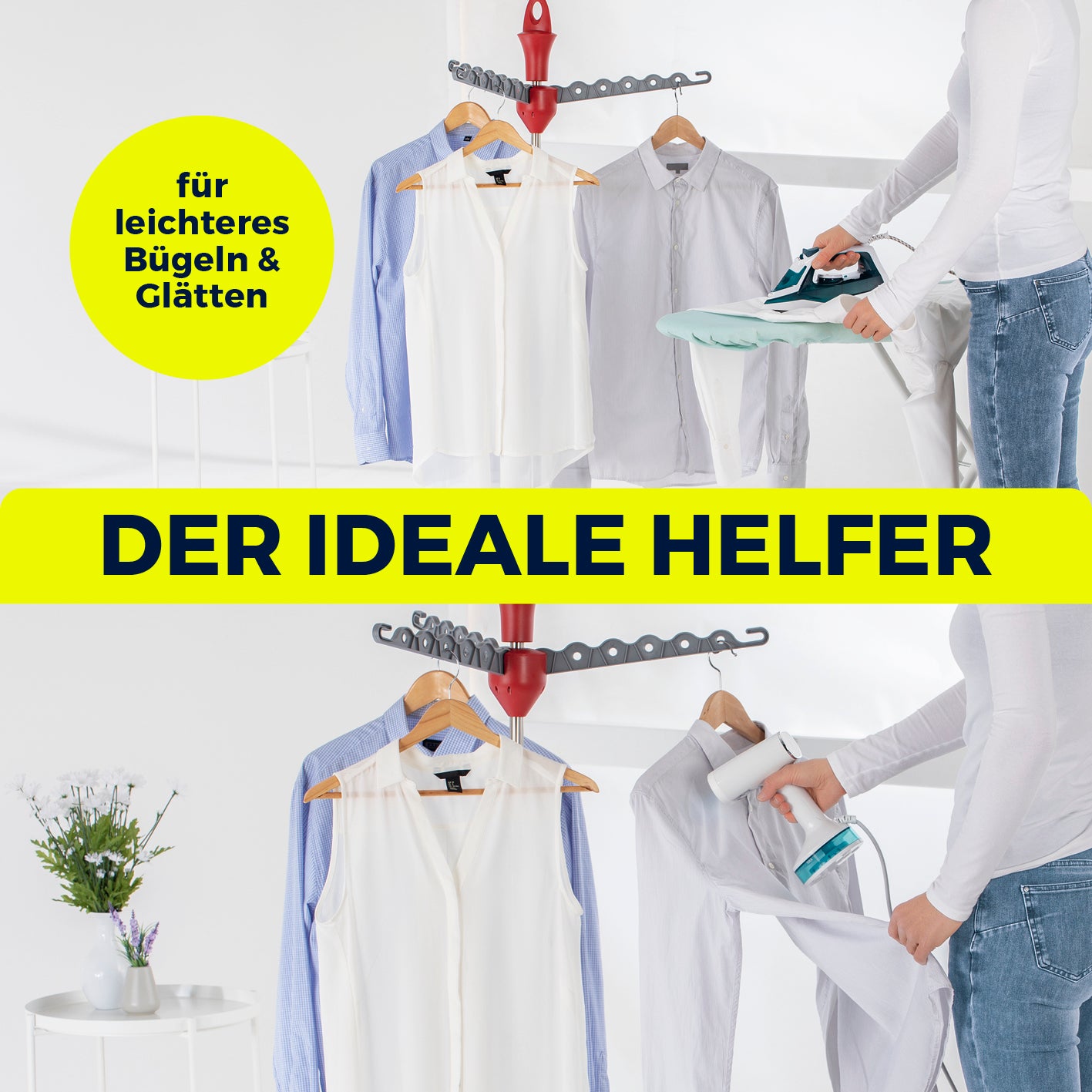 Wäschespinne kompakt, höhenverstellbar, ideal für drinnen und draußen zum schonenden Trocknen und Bügeln von Kleidung.