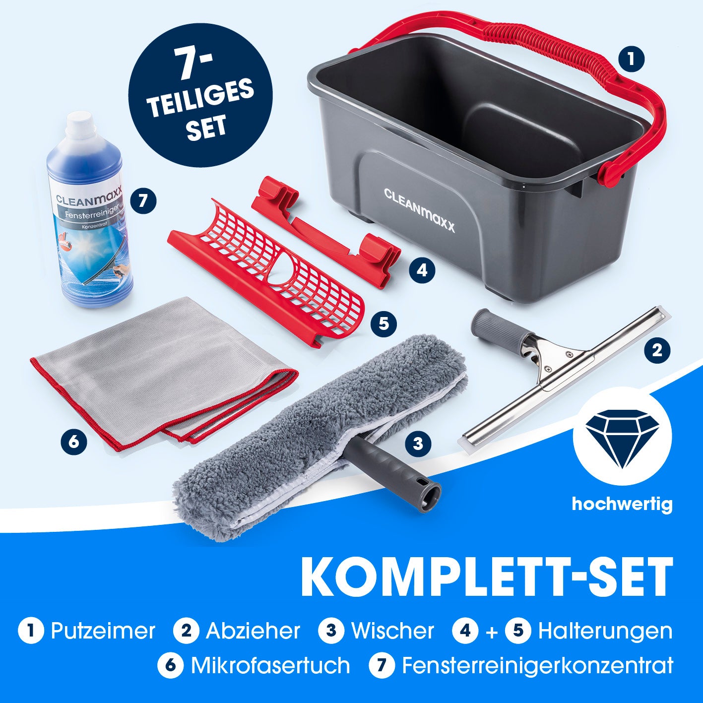 Fensterreiniger - 7-tlg. Set mit Eimer, Abzieher, Wischer, Mikrofasertuch und Reiniger für streifenfreie Sauberkeit.