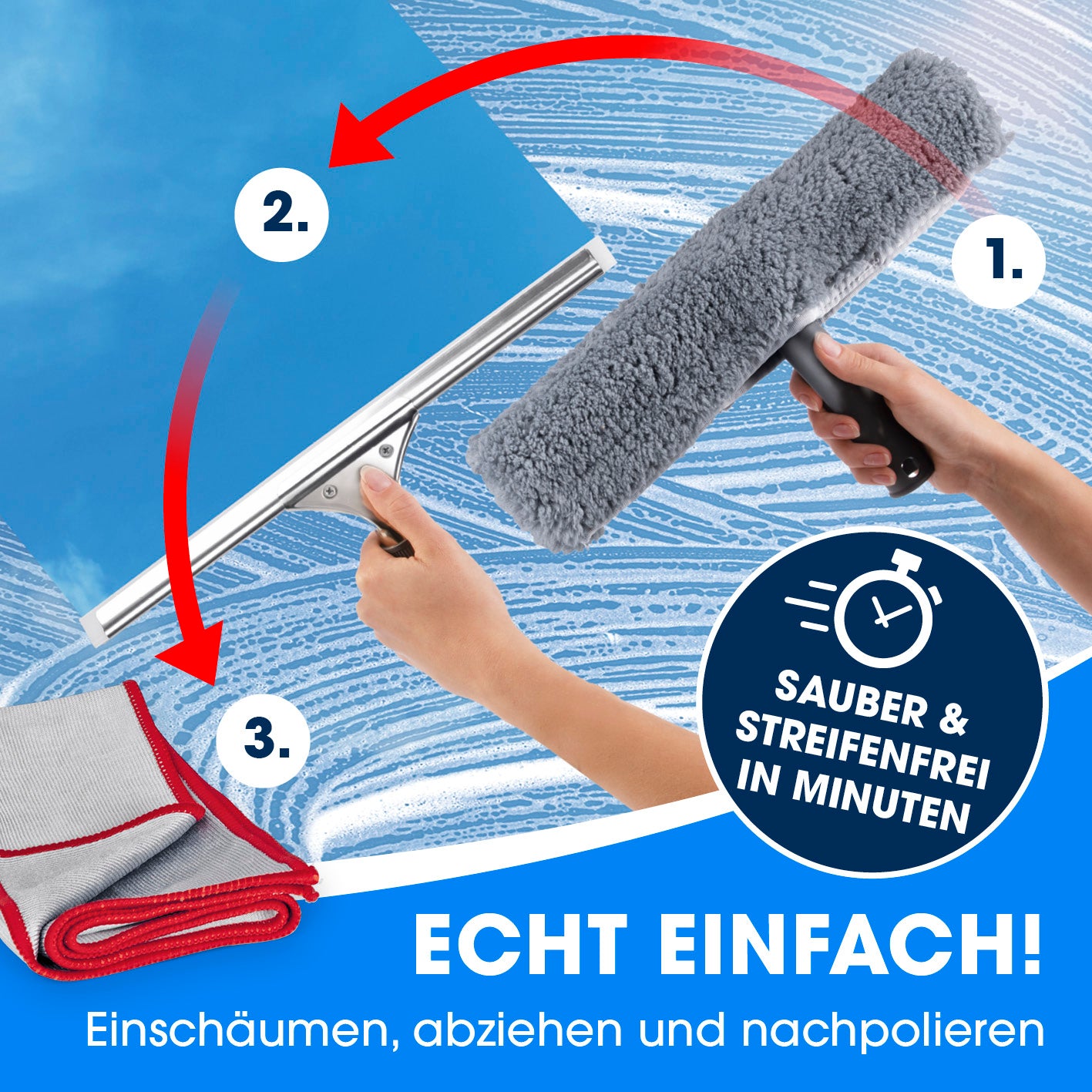 Fensterreiniger - 7-tlg. Set zeigt Reinigung in 3 Schritten: Einschäumen, Abziehen, Nachpolieren für streifenfreie Fenster.